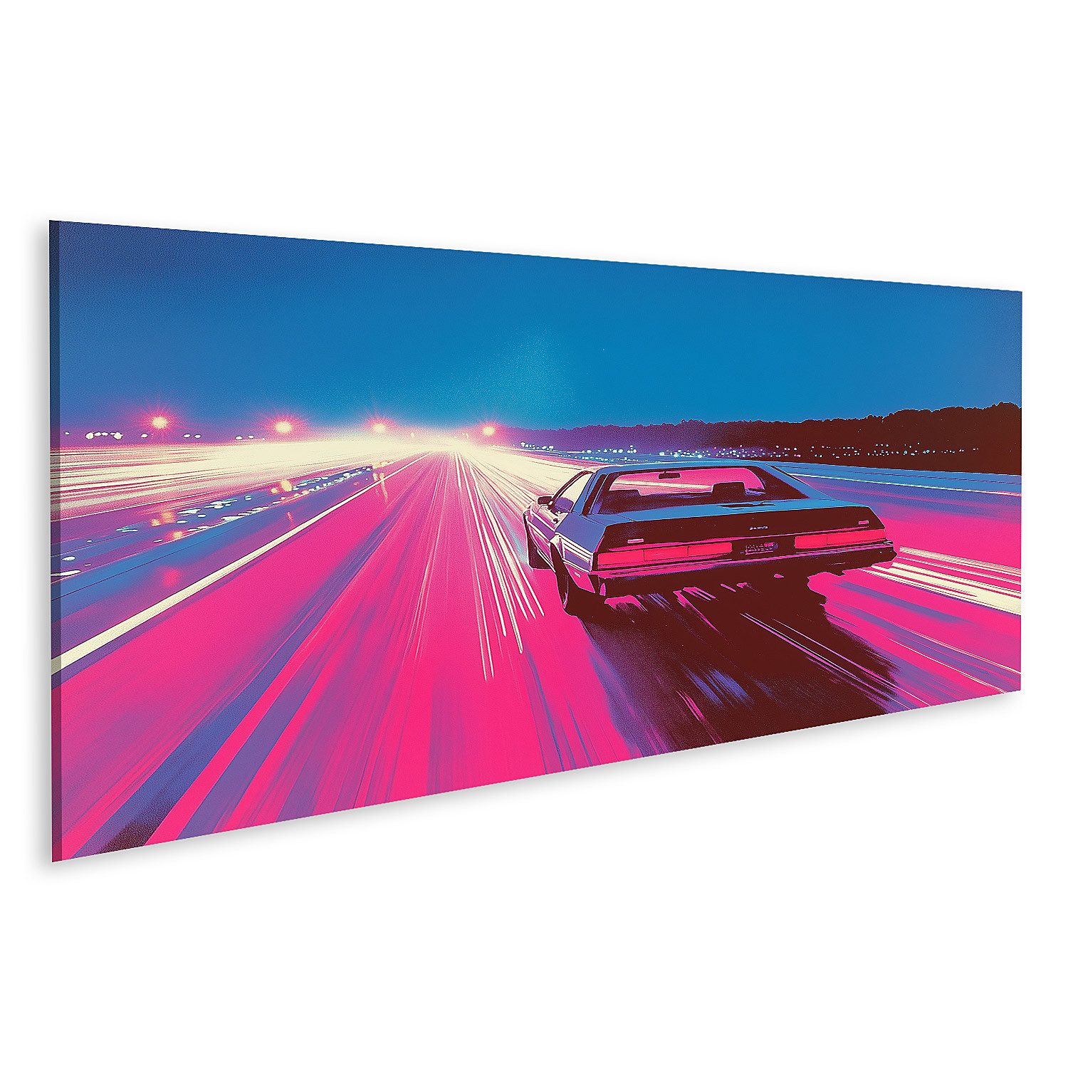 islandburner Leinwandbild Rasantes Retro Auto auf einer beleuchteten Autobahn bei Nacht