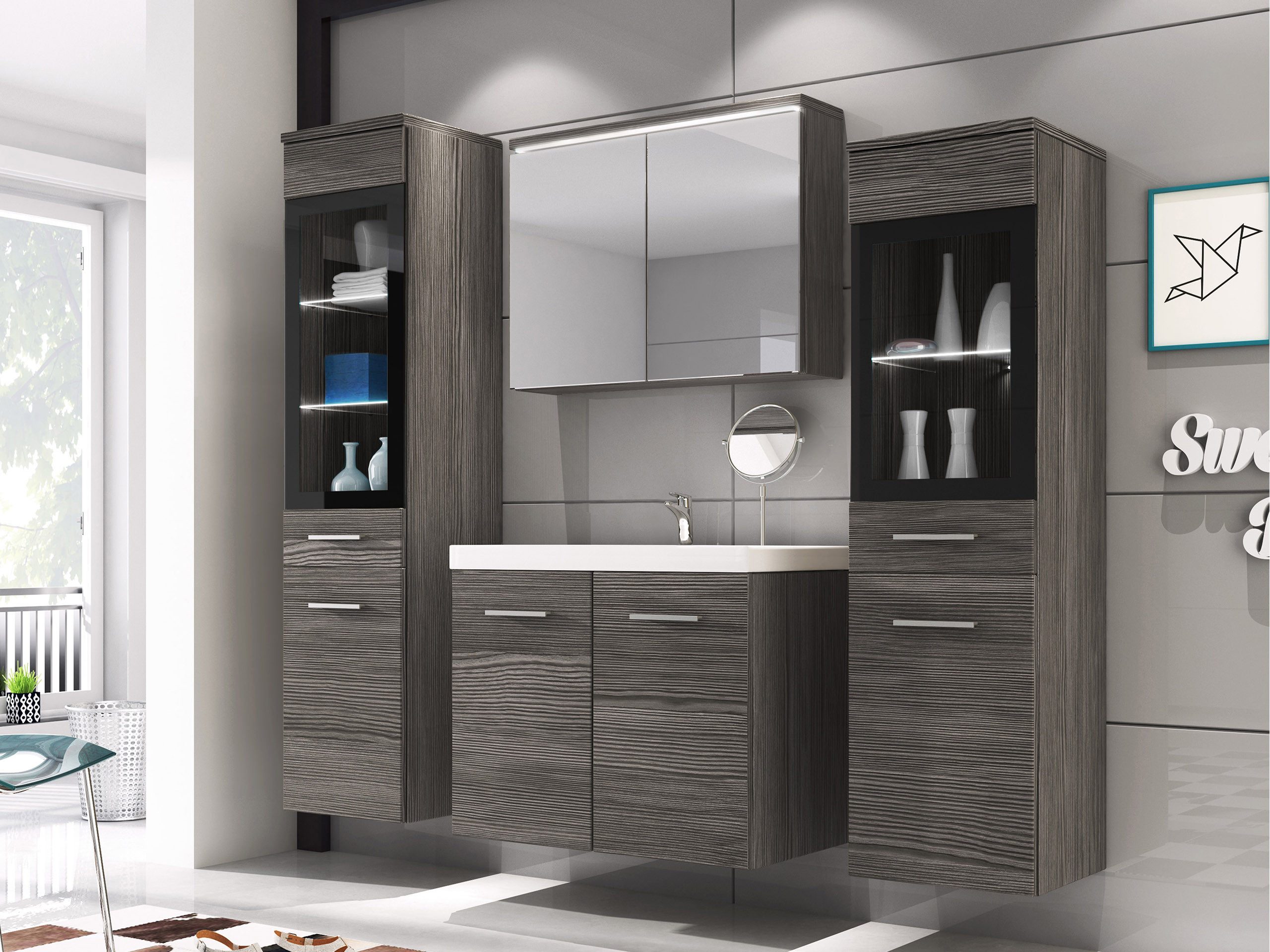 MIRJAN24 Badmöbel-Set Madrit II, (5er-Set, Waschbeckenschrank, 2x Hochschrank, Spiegelschrank, Waschbecken), mit Siphon, LED-Beleuchtung als Option