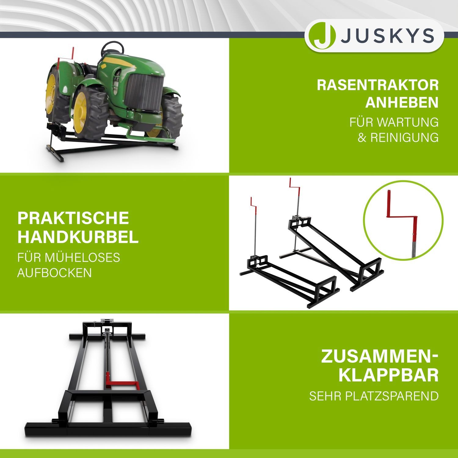 Juskys Rasentraktor, Rasentraktorheber, stufenlos 45°, zusammenklappbar, 400 kg