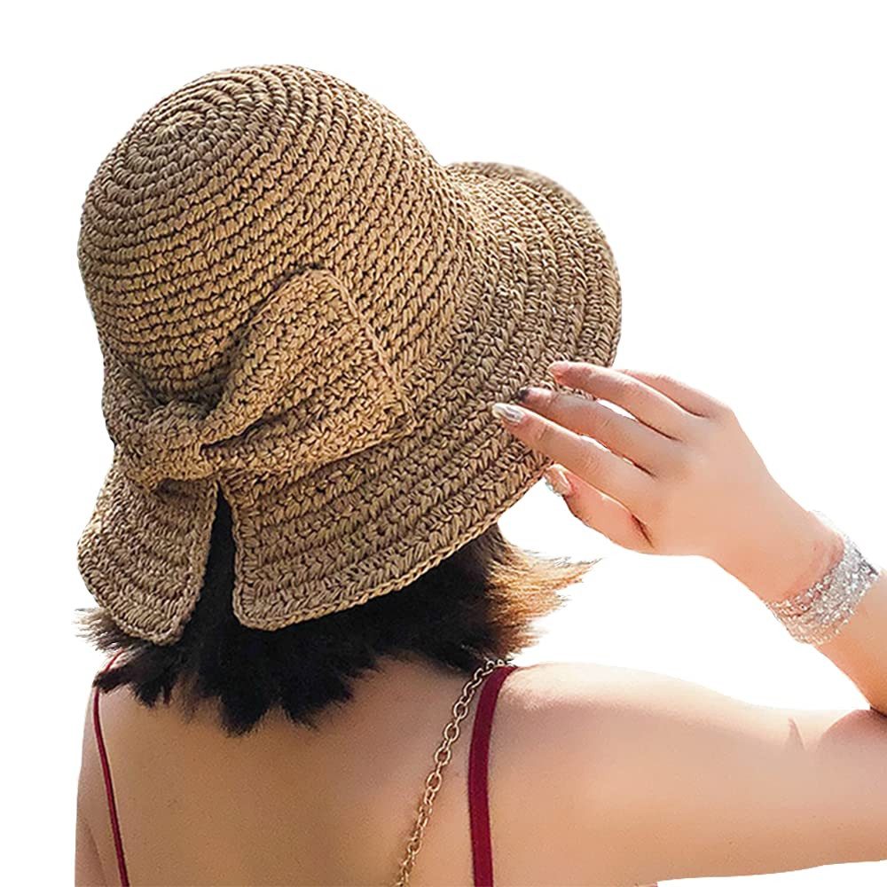 Coonoor Sonnenhut Strohhut für den Strand, Sommermütze mit Schleife Strohhut zum Krempeln und faltbar