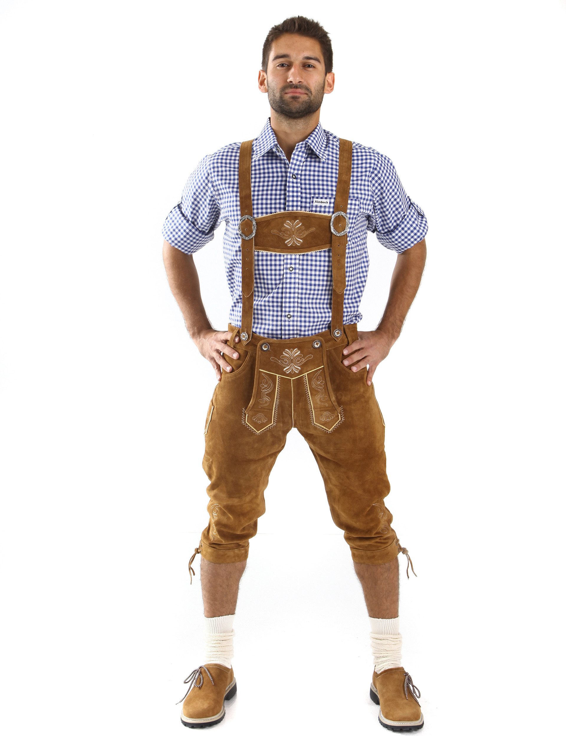 Almbock Trachtenlederhose Trachtenlederhose Herren Kniebund, Trachtenhose Lederhose mittelbraun (1-tlg)