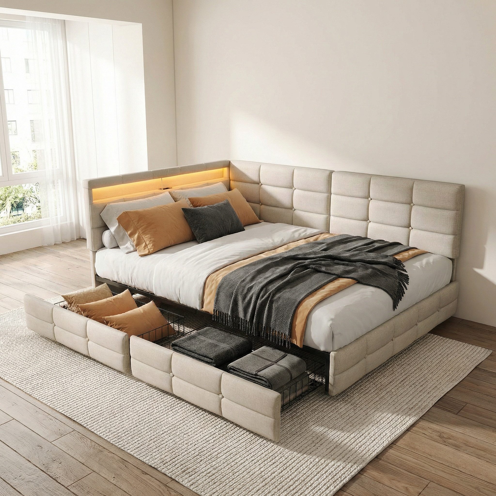 PXloue Polsterbett Daybett Tagesbett (Doppelbett,Kopfteil links oder rechts montierbar), Schlafsofa,2 Schubladen, Mit LED und USB-Ladeanschluss,140x200 cm