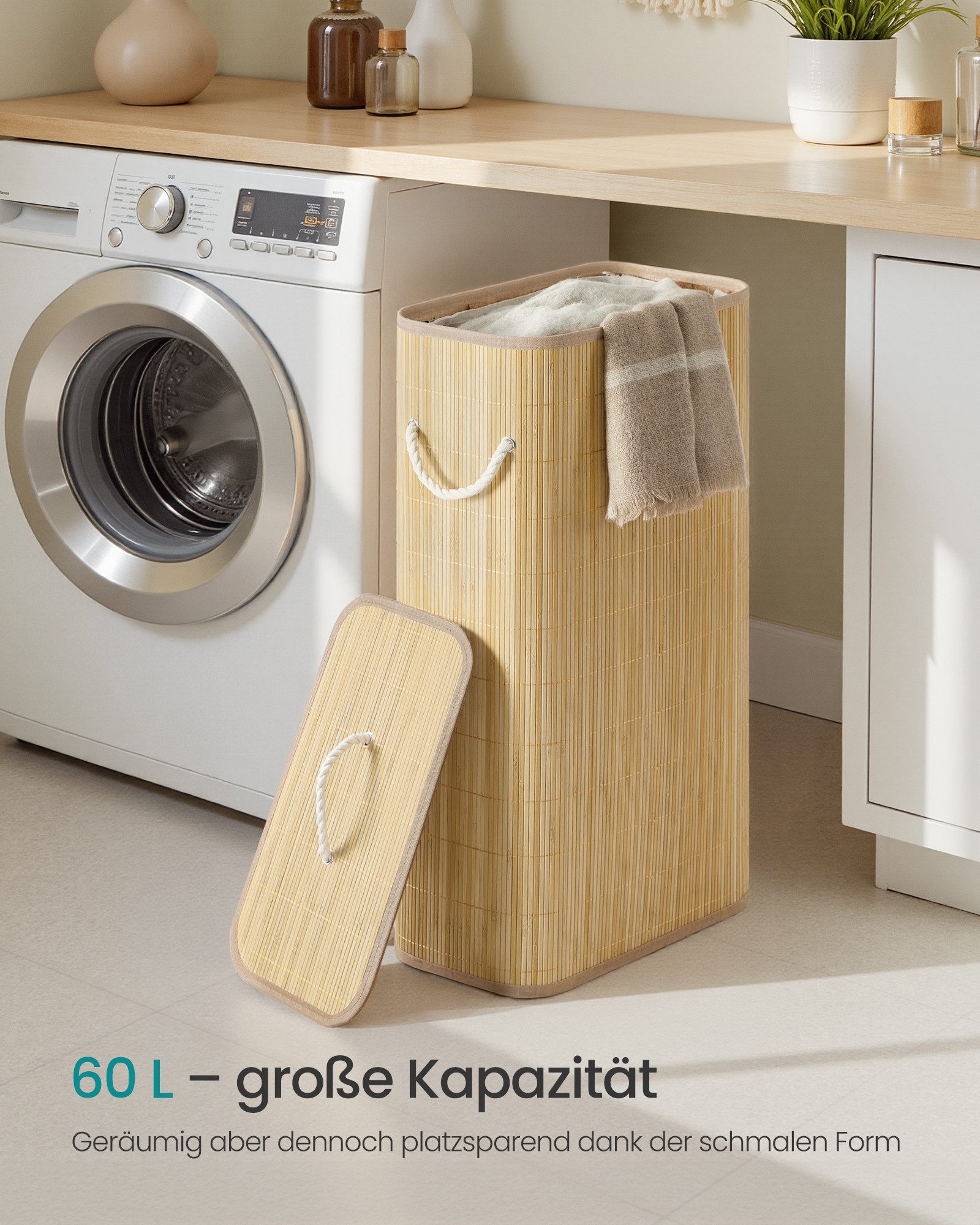 SONGMICS Wäschekorb mit Deckel, Bambus-Wäschesammler mit Griffen, faltbar, Wäschesack herausnehmbar, maschinenwaschbar, 60/90 L, rund/eckig