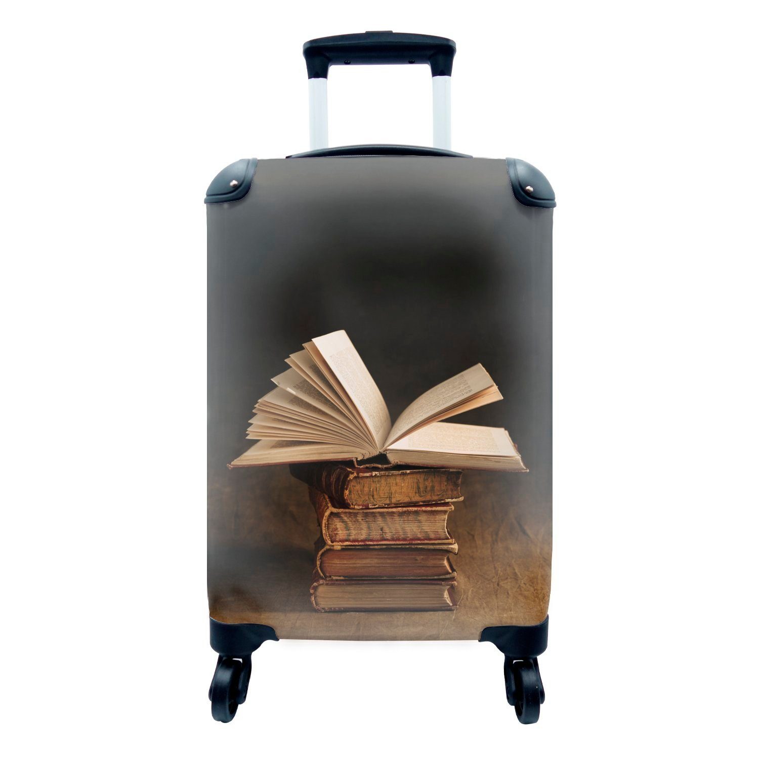 MuchoWow Handgepäckkoffer Stapel von antiken Büchern auf schwarzem Hintergrund, 4 Rollen, Reisetasche mit rollen, Handgepäck für Ferien, Trolley, Reisekoffer