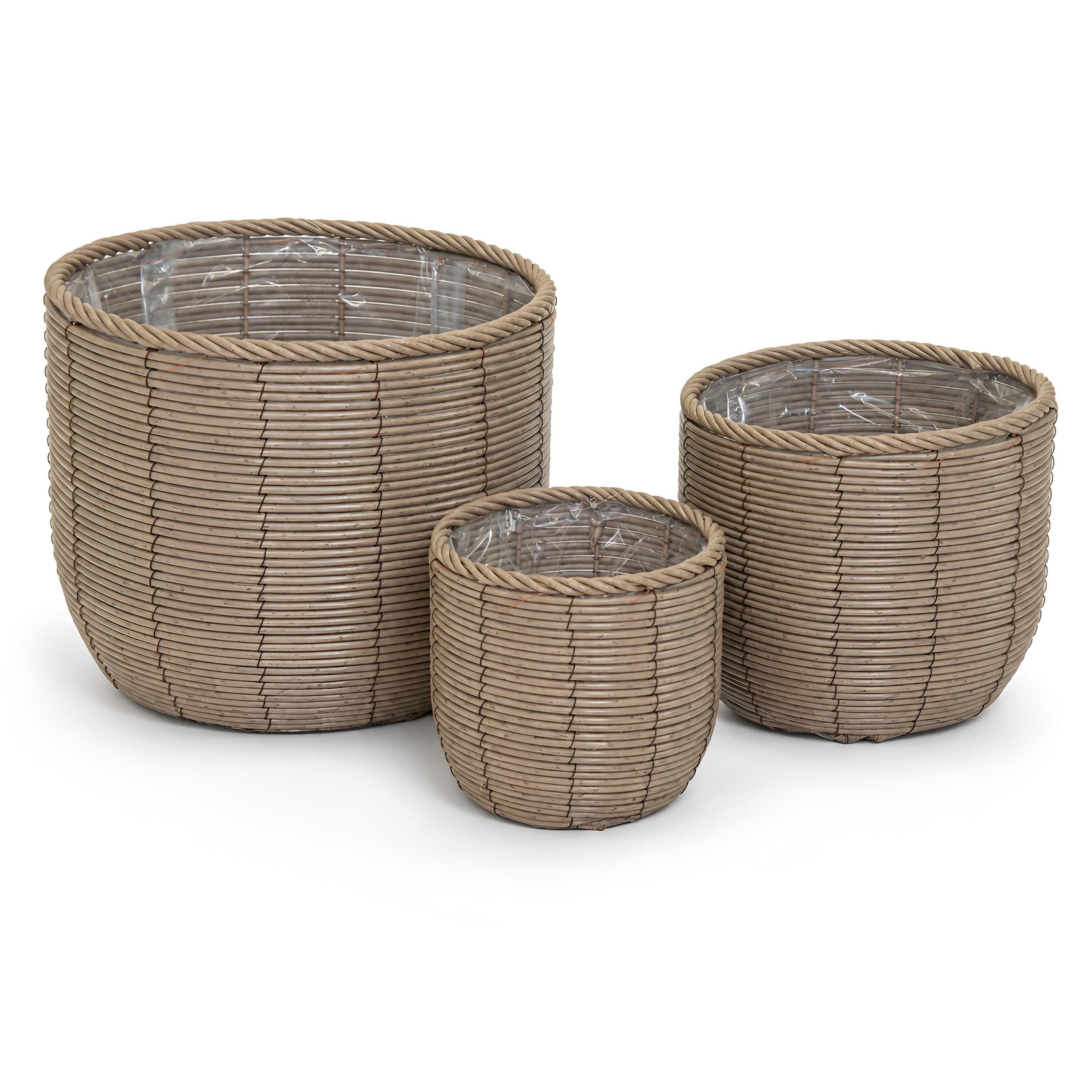 colourliving Blumentopf Gala Pflanzkübel Rattan 3er-Set – Große Indoor Blumentöpfe Naturgrau (3 St), Integrierter Folieneinsatz, dekorative Flechtoptik