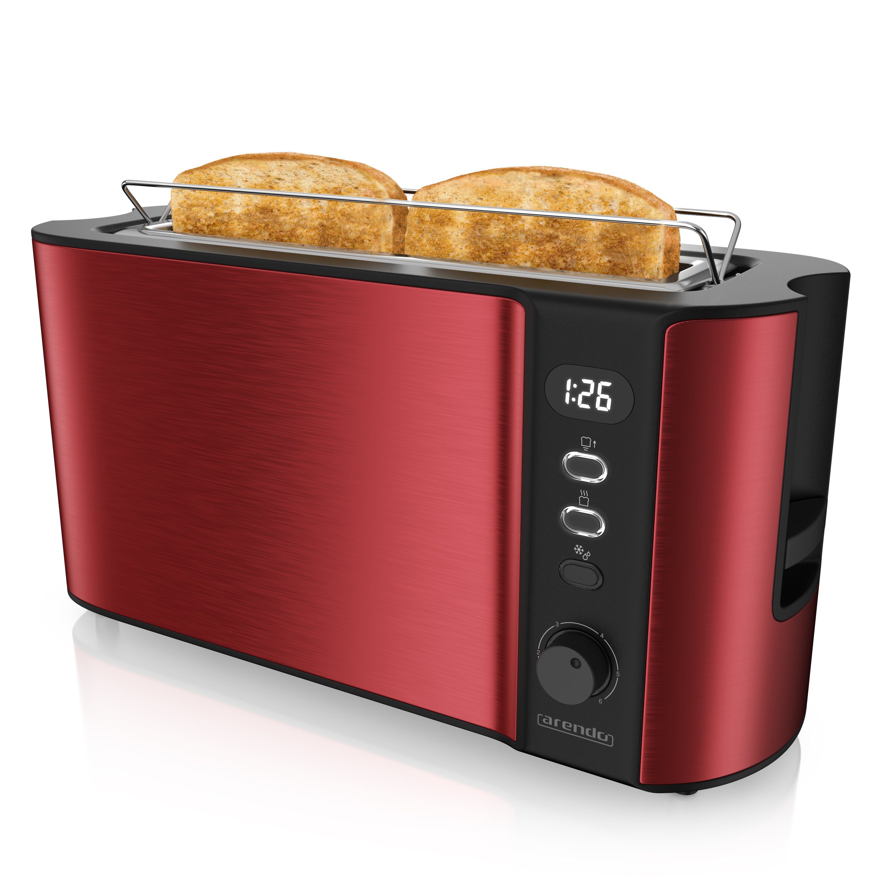 Arendo Toaster Edelstahl, Langschlitz, Display mit Restzeitanzeige, Brötchenaufsatz, 1 langer Schlitz, für 2 Scheiben, 1000 W, Defrost Funktion, Wärmeisolierendes Gehäuse, Krümelschublade
