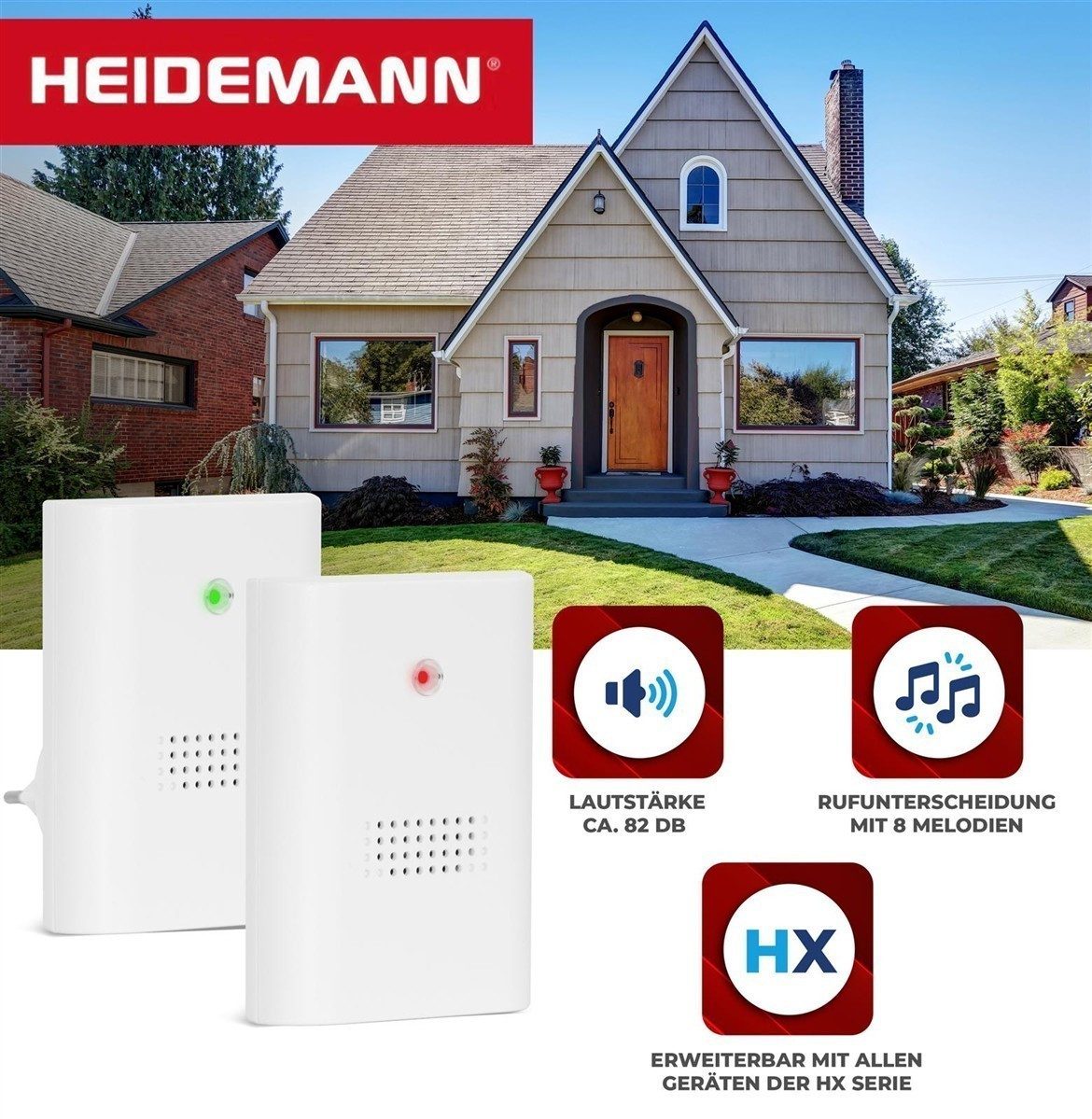 Heidemann Steckdosen-Türgong Heidemann Funkgong-Set HX Twin, weiß (3-tlg) LED-Signal, HX-kompatibel