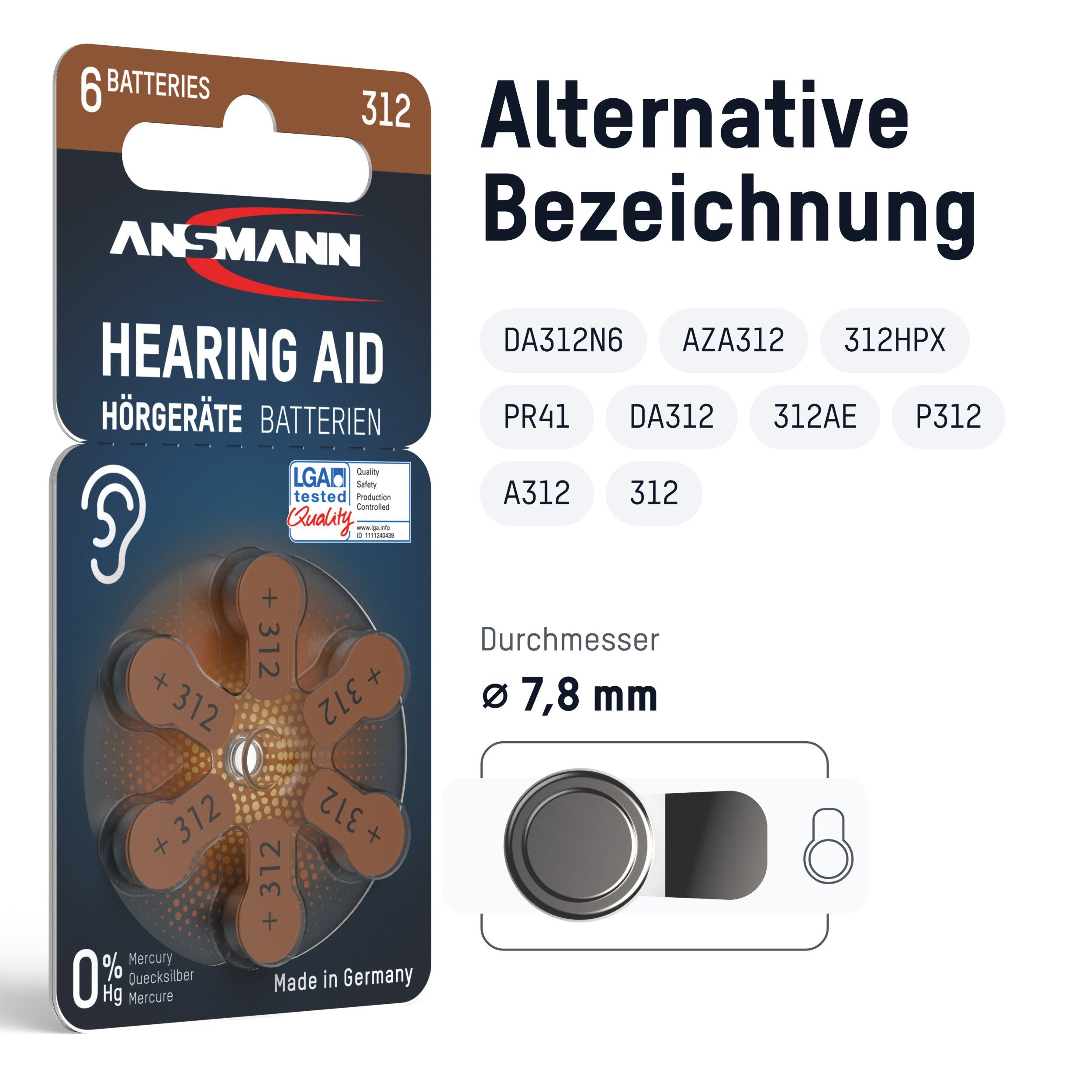 ANSMANN AG Hörgerätebatterien Typ 312 P312 ZL3 PR41, 120 Stück Knopfzelle