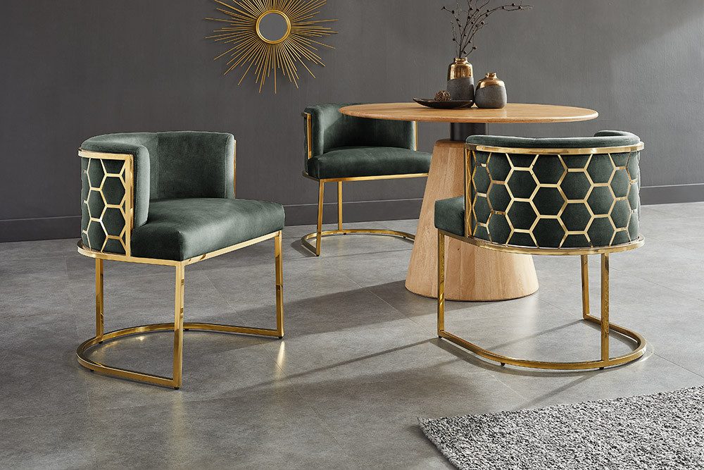 riess-ambiente Polsterstuhl ELEGANCE grün/gold- Samt, Edelstahl, Wabenmuster, gepolstert, halbrund (Einzelartikel, 1 St), Esszimmerstuhl - ideal für glamouröse Küchen, Wohn- und Essbereiche