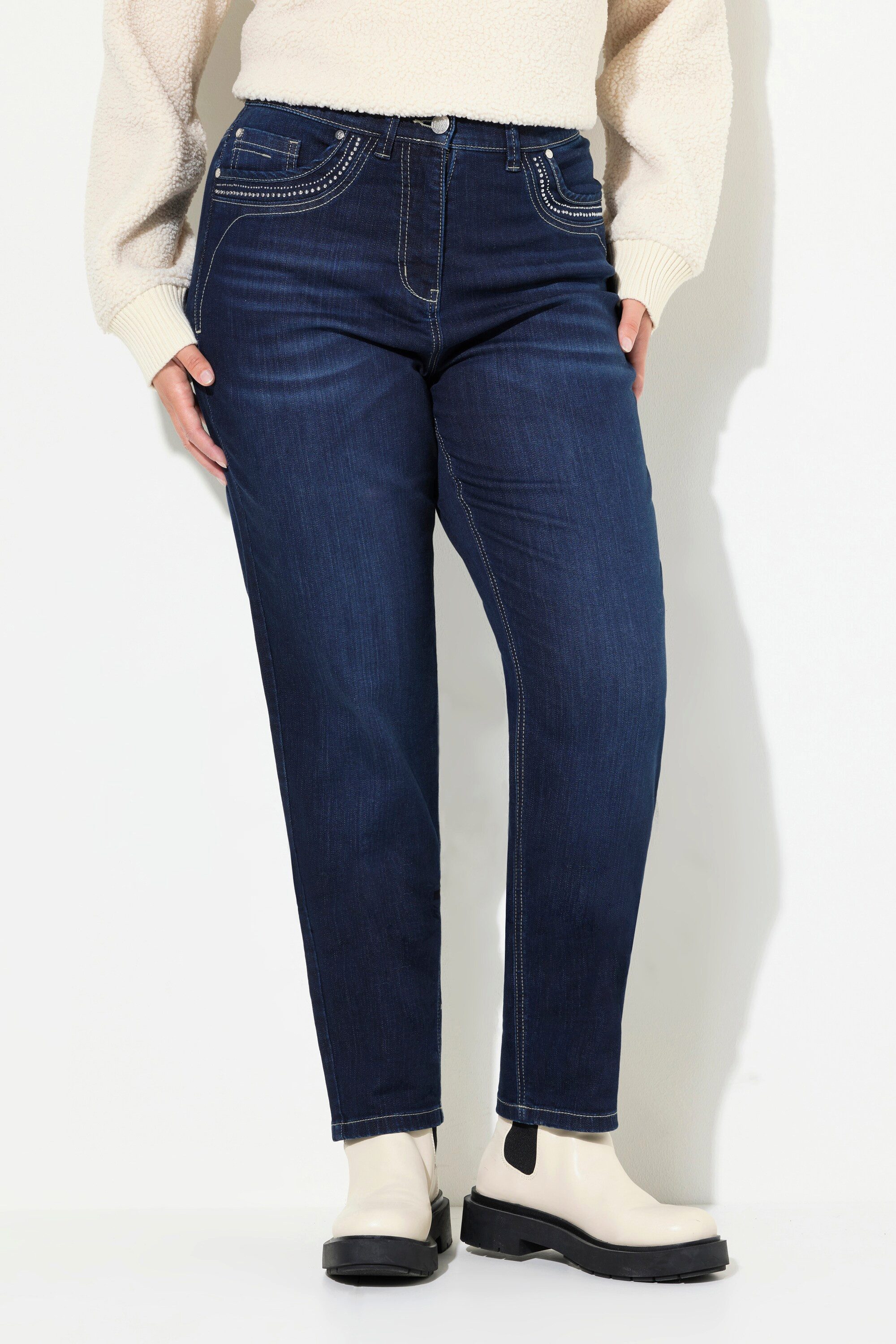 Ulla Popken Regular-fit-Jeans Mom-Jeans weites Bein Ziernieten Komfortbund