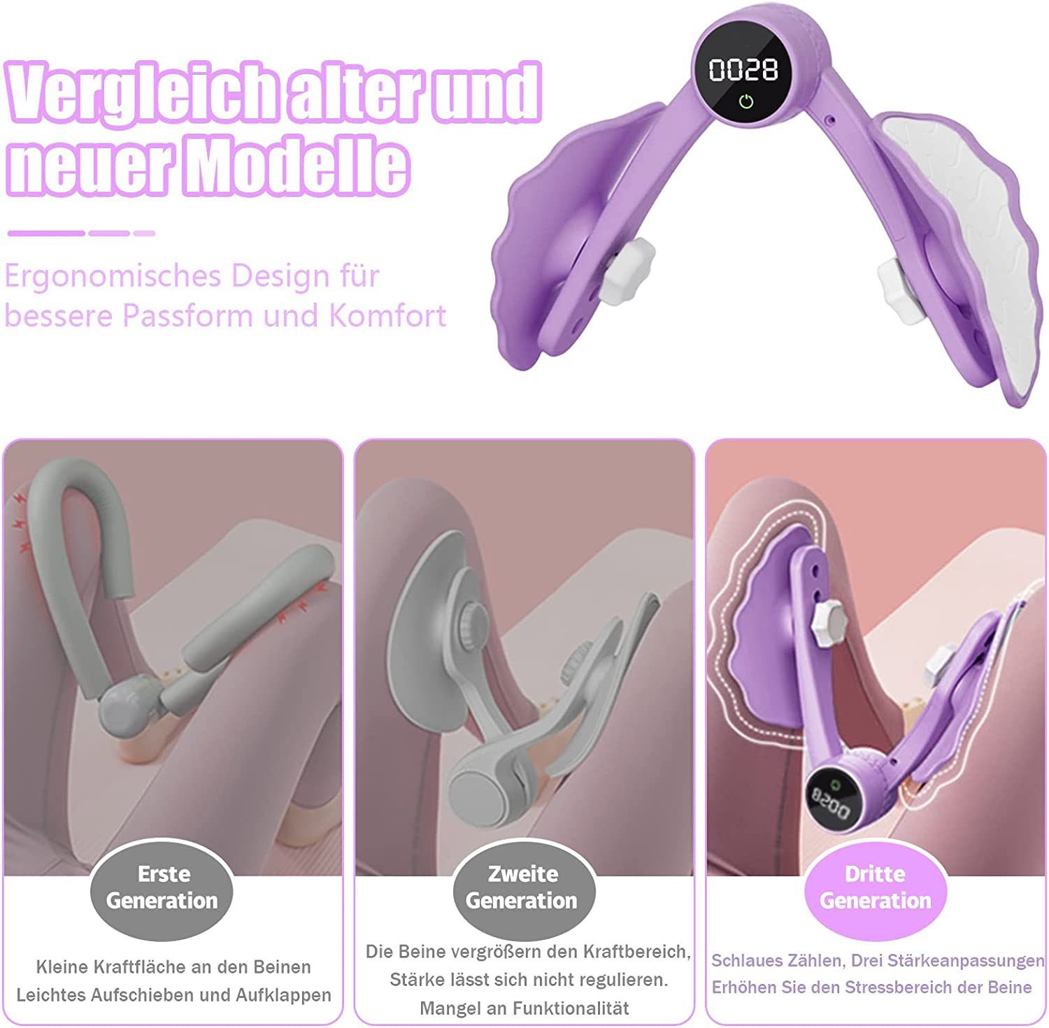 ibettertec Beckenbodentrainer Oberschenkeltrainer Beckenbodentrainer mit Zähler für Frauen, Stärkeeinstellung mit Drei Gängen und Intelligenter Datenchip, Po Trainer Beintrainer,Beine Trainingsgerät für Zuhause Damen Frau