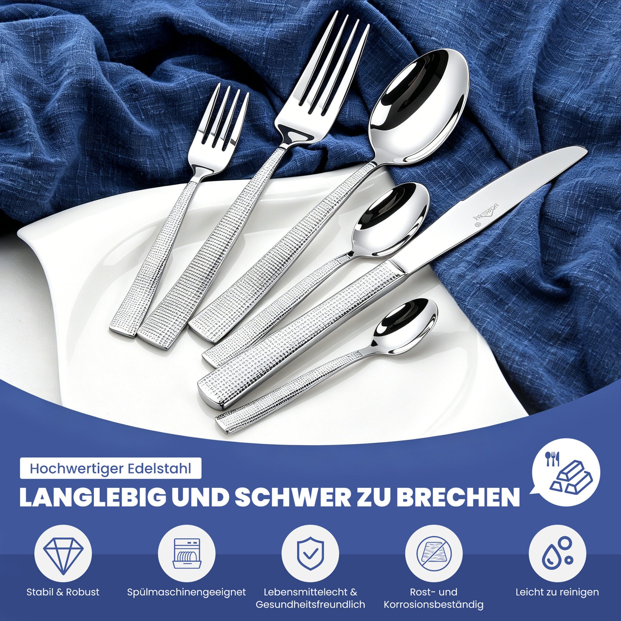 HOMELUX Besteck-Set Besteck set elegante Optik, ergonomische Haptik, Wellenschliff-Messer (72-tlg), 12 Personen, Edelstahl, Spiegelpoliert,spülmaschinengeeignet – Bild 3 von 5