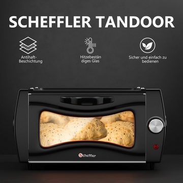 Scheffler Minibackofen Mini-Tandoor mit Antihaftbeschichtete Deckplatte, großes Sichtfenster, Hitzebeständiges Gehäuse, 2 in 1 Funktion, 2100W