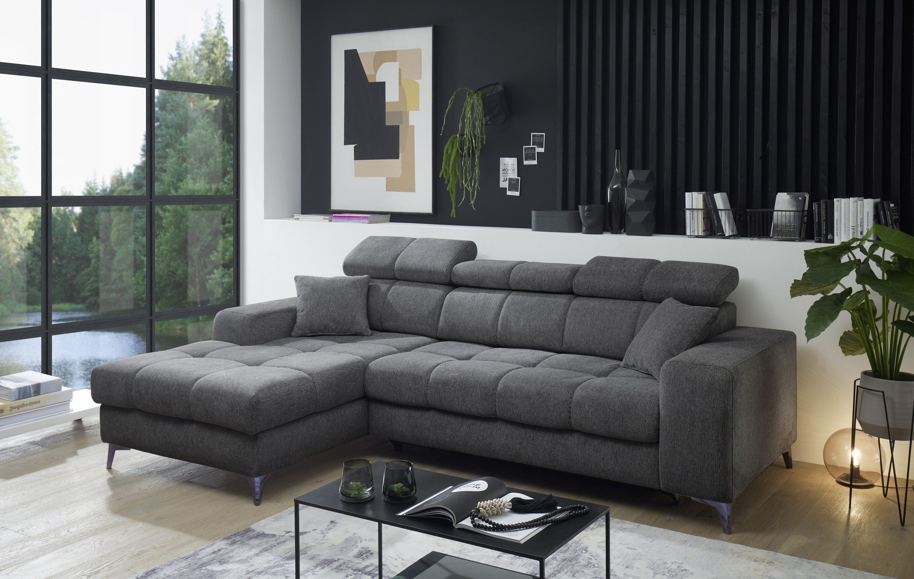 Black Red White Ecksofa Sitztiefenverstellung, 3 Kopfstützen, anthrazit - 268x105x172 (BxHxT)