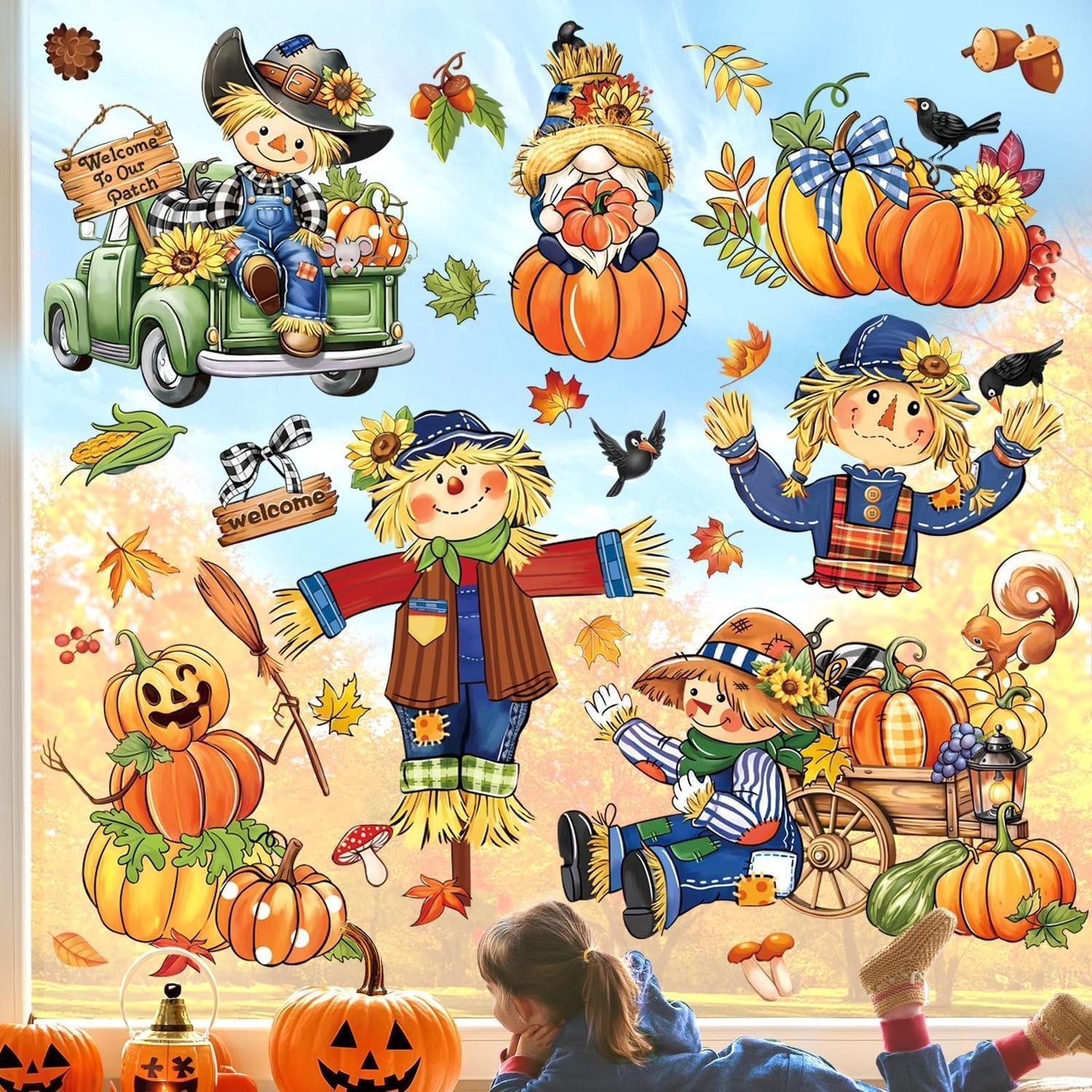 LuxusKollektion Fenstersticker Fensterbilder Herbst Blätter Vogelscheuche XL