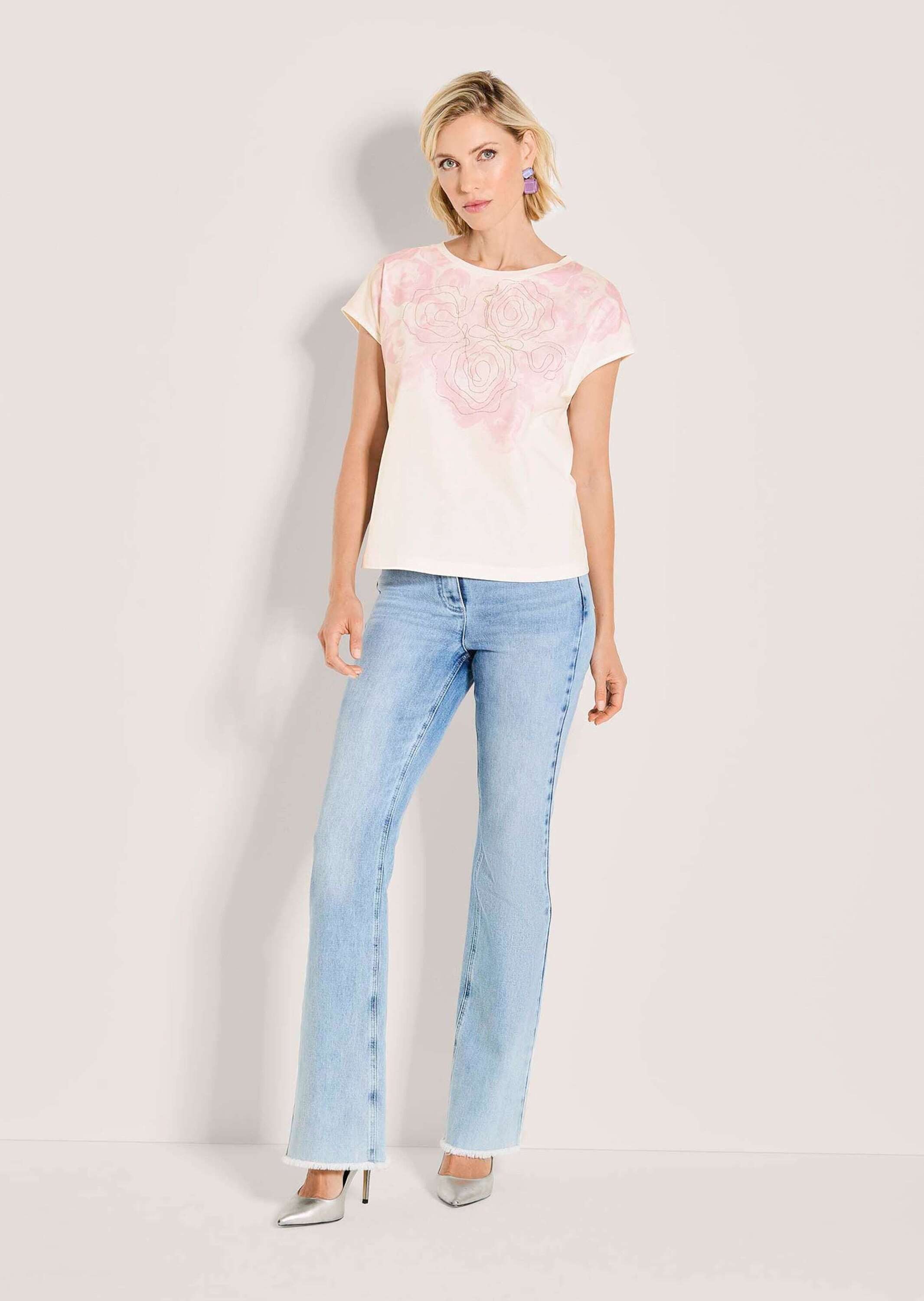 Kurzarmshirt Florales Print-Shirt, Rundhals und Kurzarm