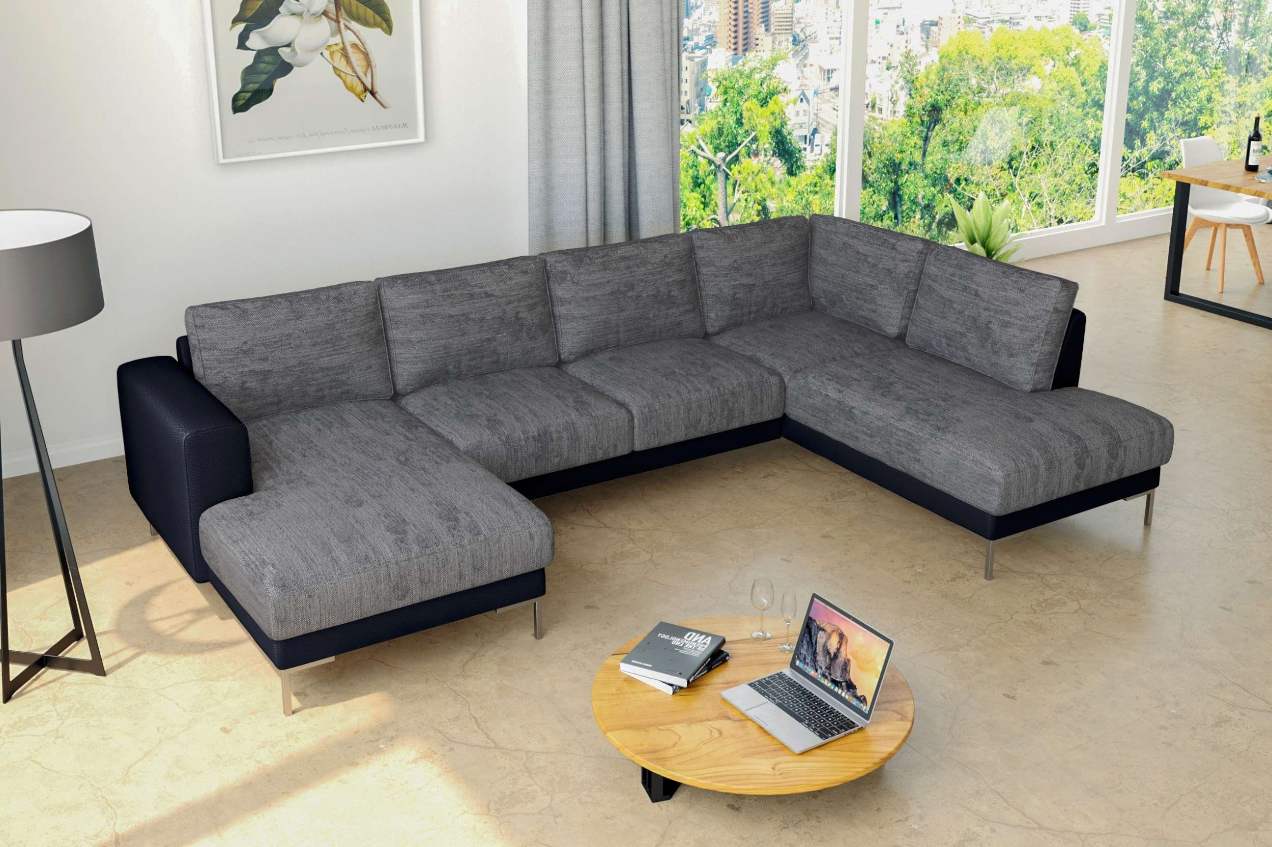 Stylefy Wohnlandschaft Santini, Sofa, U-Form, frei Design, im Schwarz rechts Grau Wellenfederung, - links bestellbar, stellbar, mit Raum Modern oder Metall mane