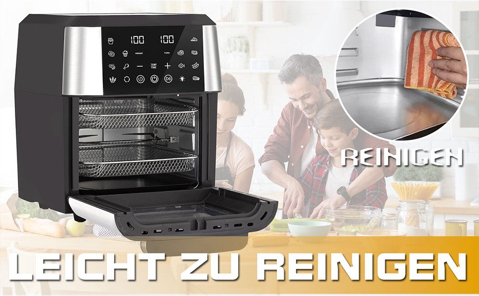 PHILODECO Heißluftfritteuse Mini-Backofen 12L, 1800W, 10 Programme, Sichtfenster, Innenbeleuchtung, 1800 W, Innenbeleuchtung, Timer, 7 Anhänge