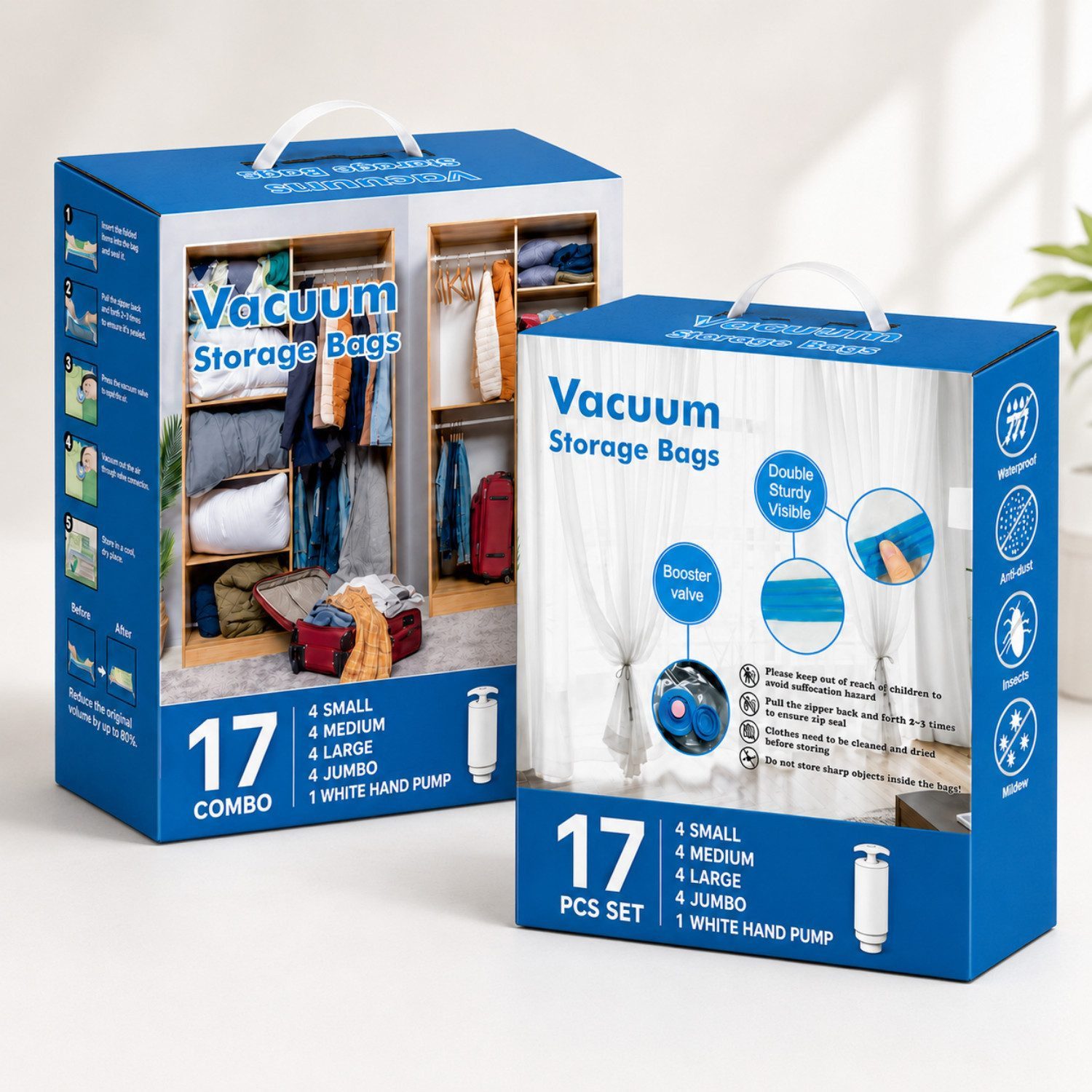 Forrlite Vakuumbehälter Vakuumbeutel für Kleidung 17-teilig, 4 Größen mit Handpumpe, (Vakuumbeutel für Kleidung 17-teilig, 16 Vakuum Aufbewahrungsbeutel mit Handpumpe, 4 Größen 70x100/60x80/50x70/40x60 cm, platzsparend, luftdicht & wiederverwendbar)