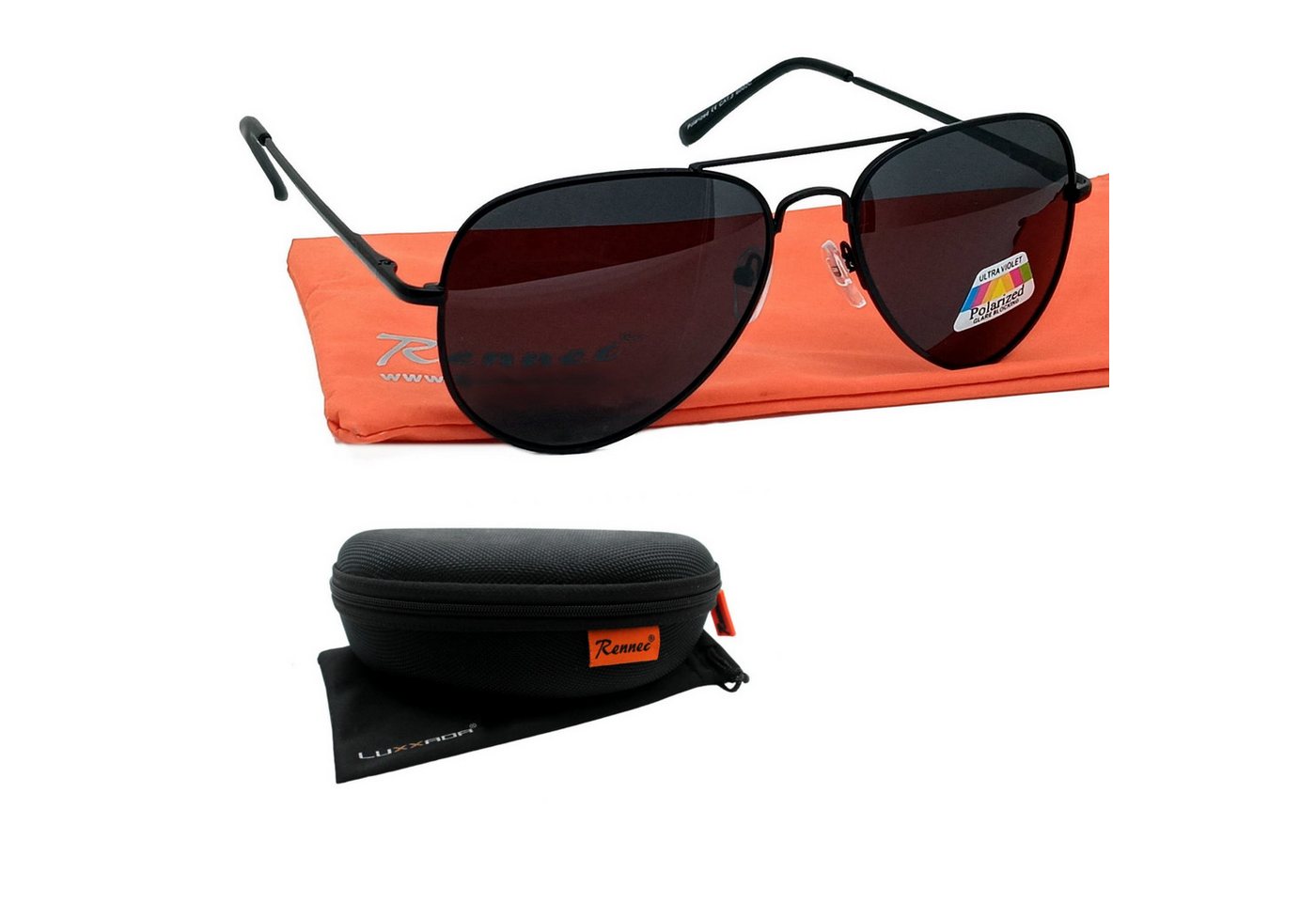 Rennec Sonnenbrille (Pilotenbrille Polarisiert Schwarz mit stabilen Hardcase, Piloten Sonnenbrille mit Federscharniere) Glaser Schwarz Getönt