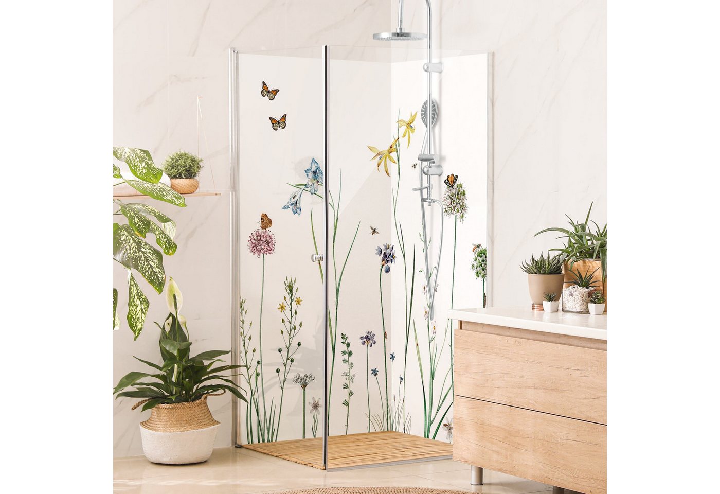 Thumbnail - Bilderdepot24 Badrückwand Blumen weiß Duschrückwand ohne Bohren Dusche Aquarell, (2-tlg., Hart-Folie Premium matt 0,61 m...