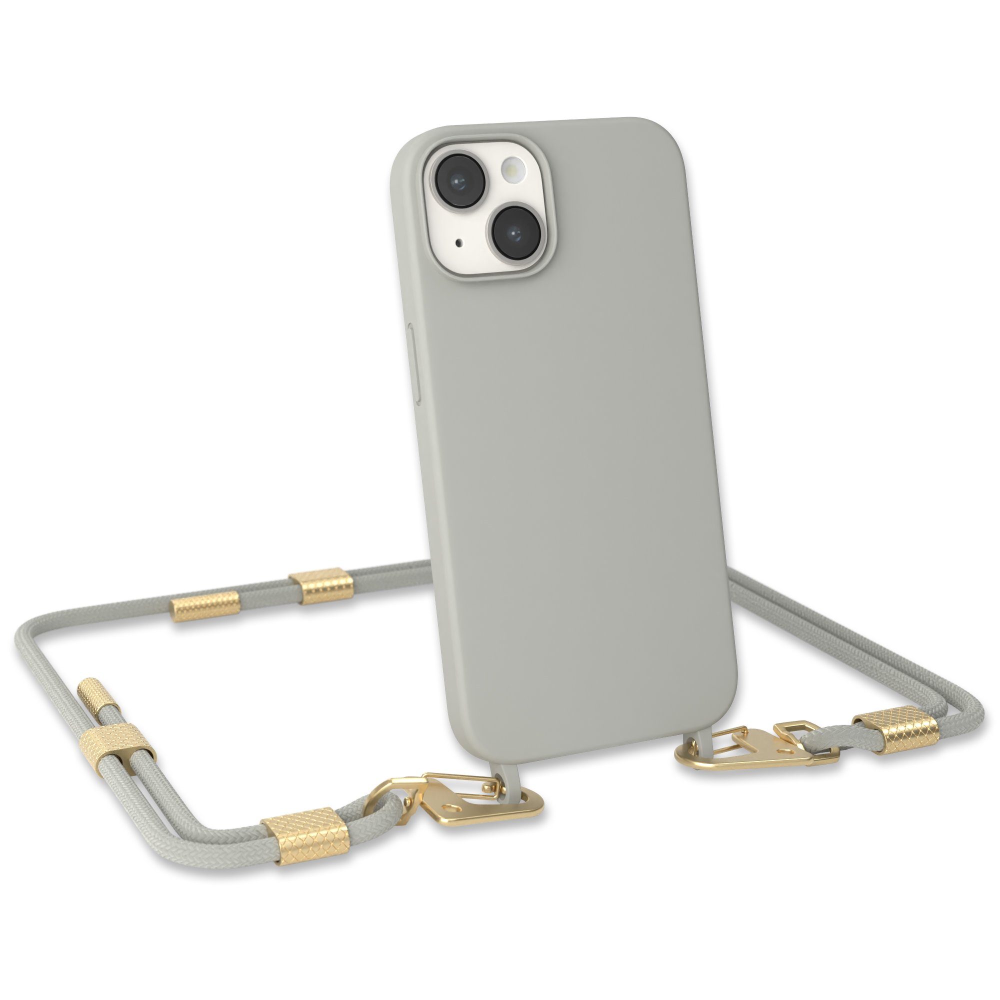 EAZY CASE Handykette Carabiner Chain für Apple iPhone 14 6,1 Zoll, Schutzhülle zum Umhängen Handyhülle mit Umhängeband Schwarz Grau Taupe