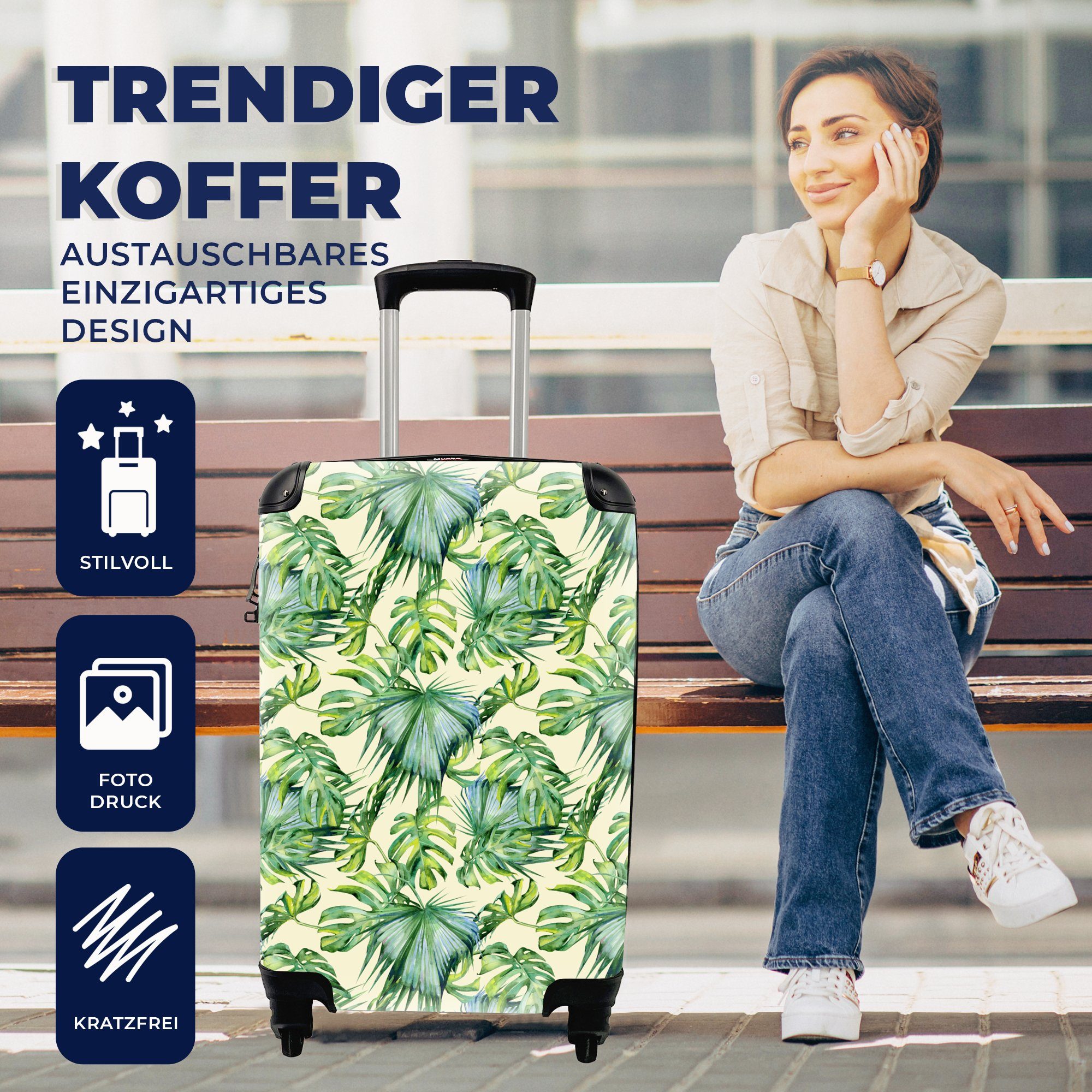 MuchoWow Handgepäckkoffer Jahrgang - Muster Trolley, für - Reisetasche 4 mit Monstera, Ferien, Reisekoffer Rollen, rollen, Handgepäck