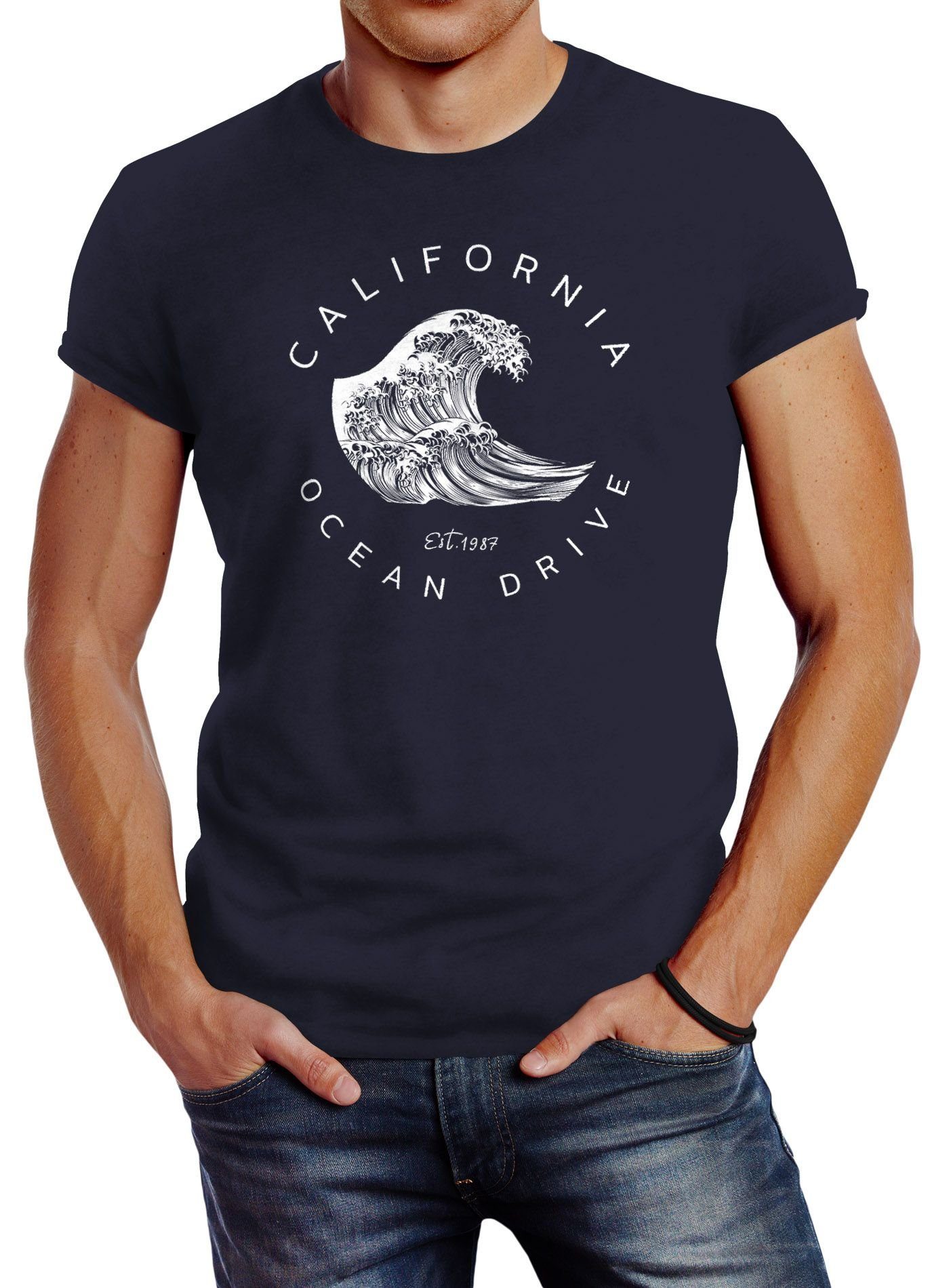 Neverless Print-Shirt Herren T-Shirt Welle Wave California Ocean Drive Surf Summer Slim Fit Neverless® mit Print navy