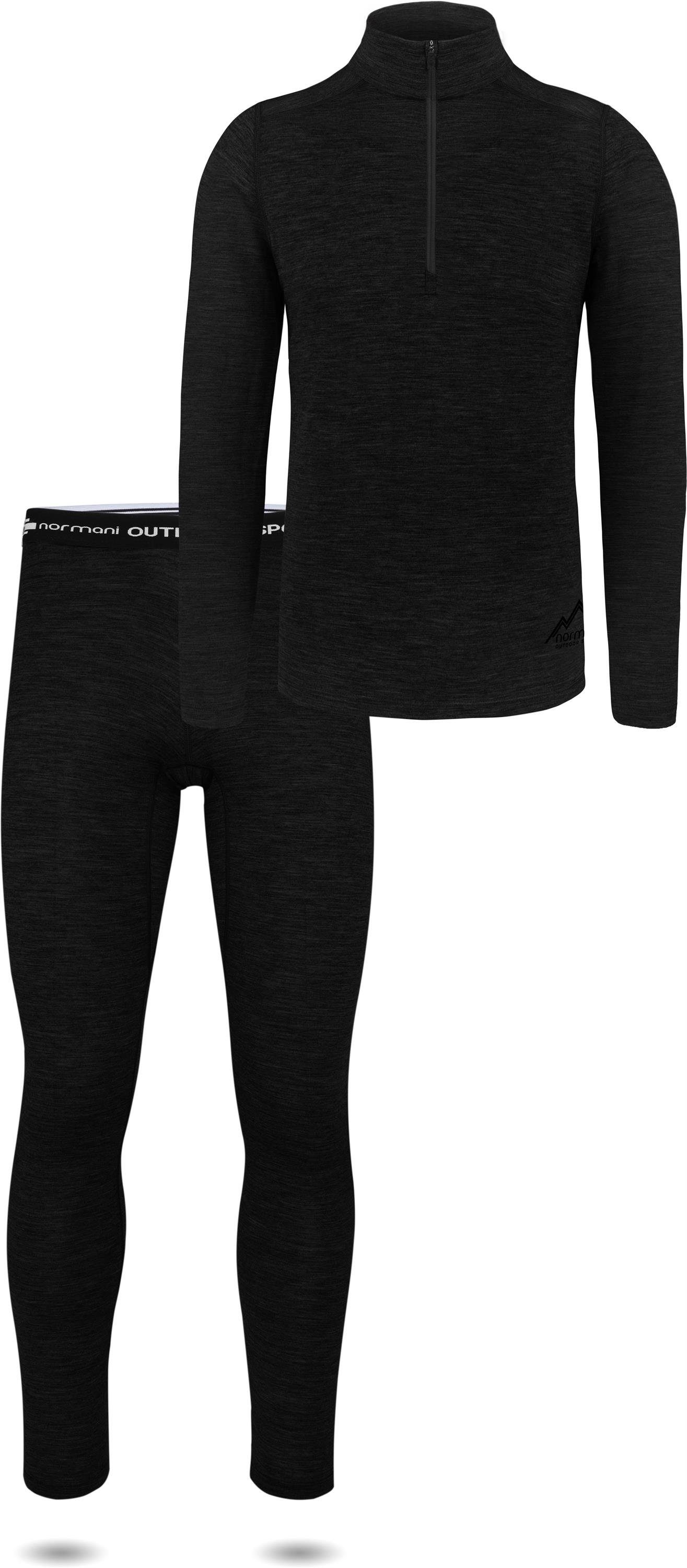 normani Thermounterhemd Herren Merino Langarmshirt und Hose Schwarz