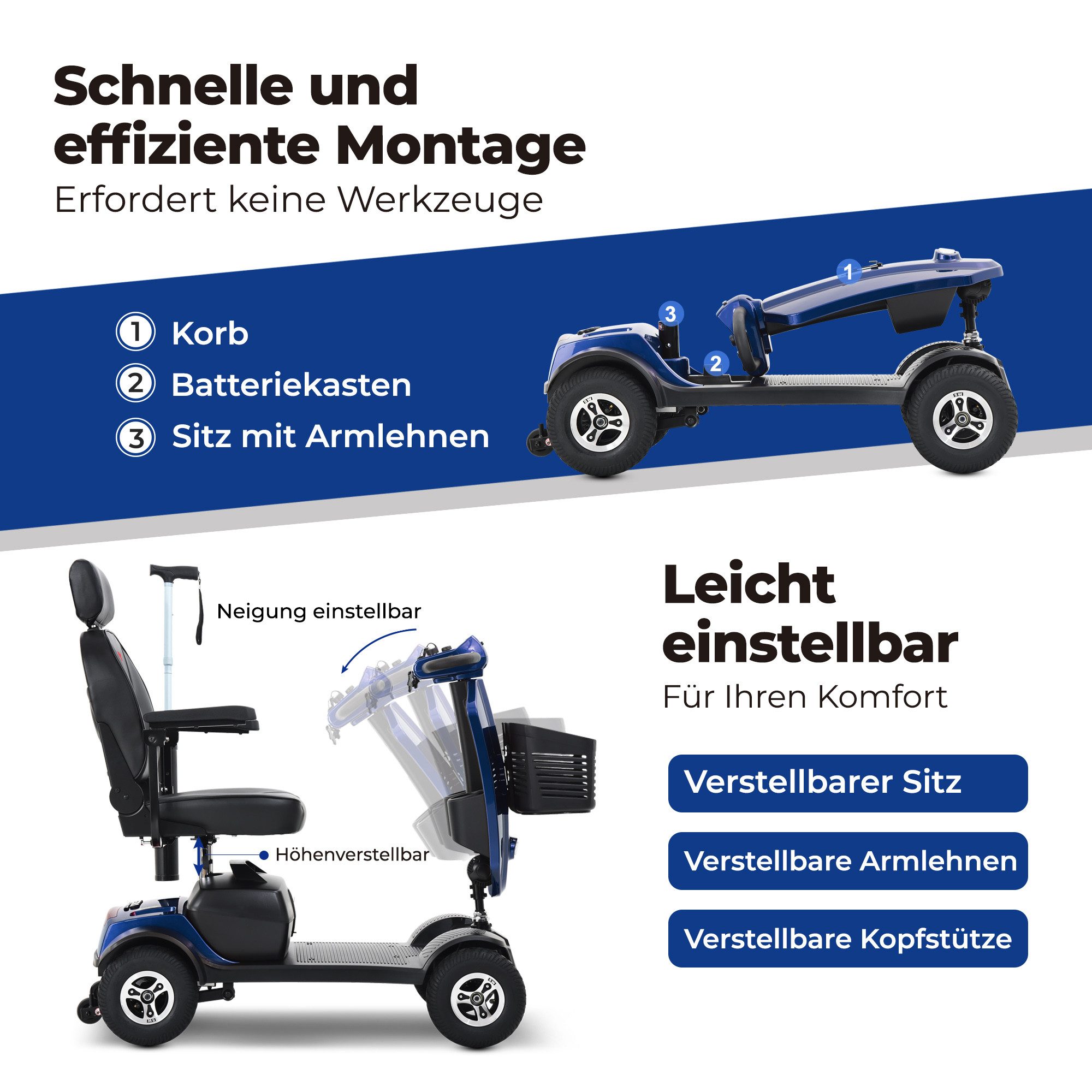 kowdom Elektromobil für Senioren 300W 25km Reichweite 360° Sitz führerscheinfrei, 300 W, 360° drehbarer Sitz, verstellbare Armlehnen/Höhe, Hinterraddämpfer