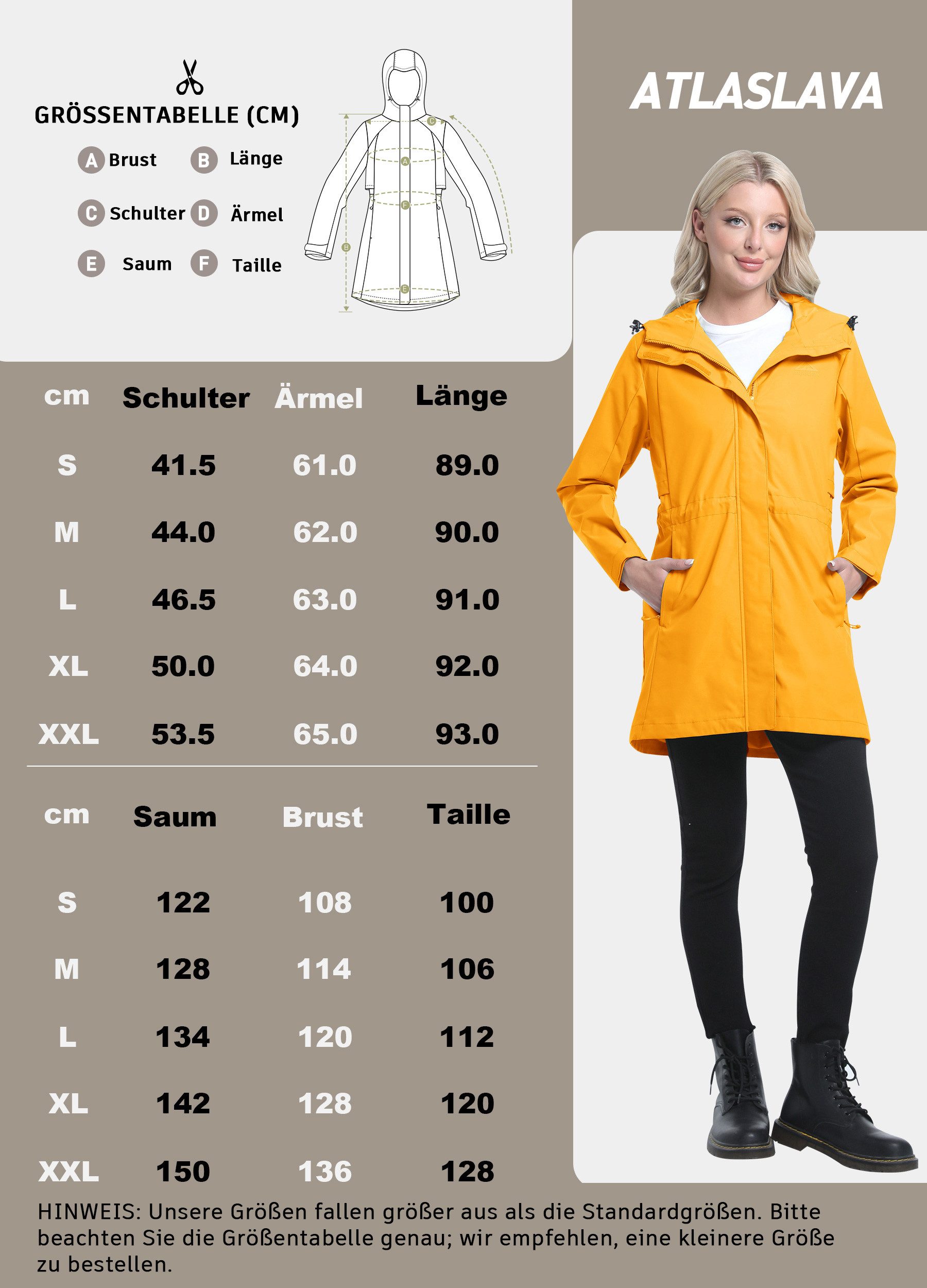 ATLASLAVA Regenjacke Damen Lang Softshelljacke Regenmantel (1-St) Frauen Trenchcoat Windbreaker Leichte Übergangsjacke Mantel