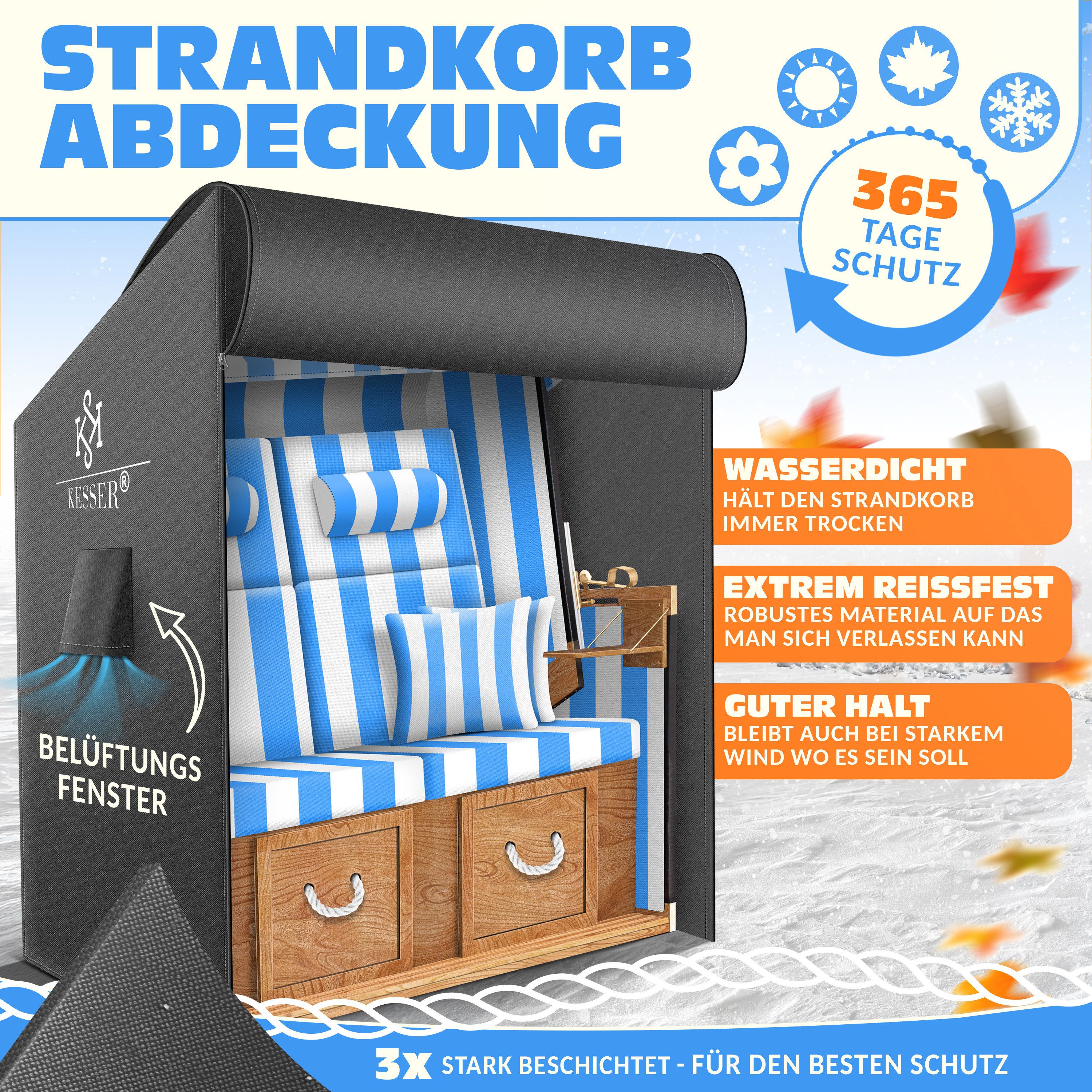 KESSER Strandkorb-Schutzhülle Premium Abdeckung 600D Oxford Gewebe (Strandkorbabdeckung mit Belüftungsöffnungen 160x120x90 cm), UV-Beständige Strandkorbhülle Re – Bild 2 von 5