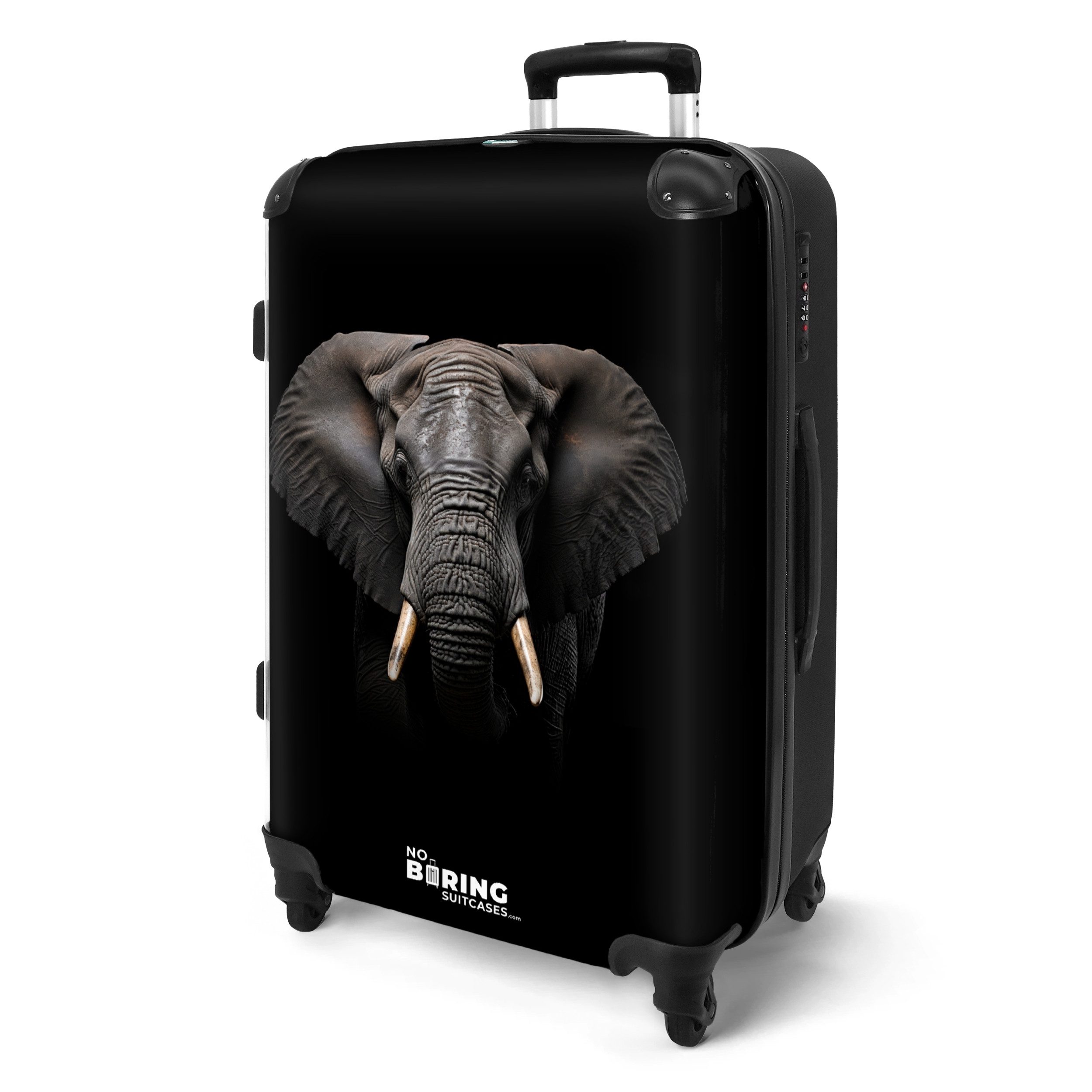 NoBoringSuitcases.com© Hartschalen-Trolley mit leuchtende Räder - Elefant Vorderansicht auf schwarzem Hintergrund, 4 Rollen, Koffer Mittelgroß für 20kg, Suitcase für Erwachsene, Reisekoffer