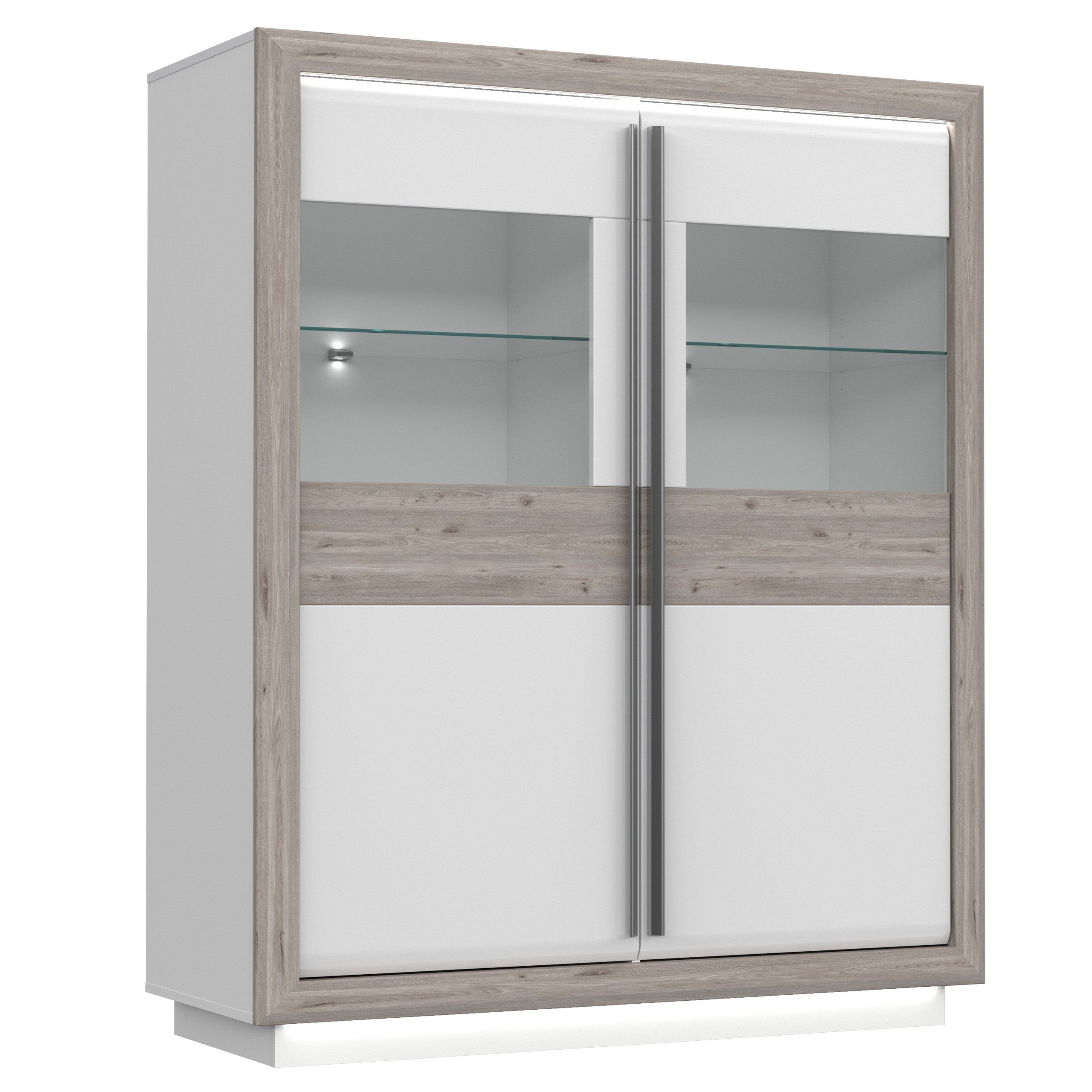 Newroom Vitrine Pouline Vitrine Nelson Eiche und Weiß Hochglanz Modern Vitrinenschrank