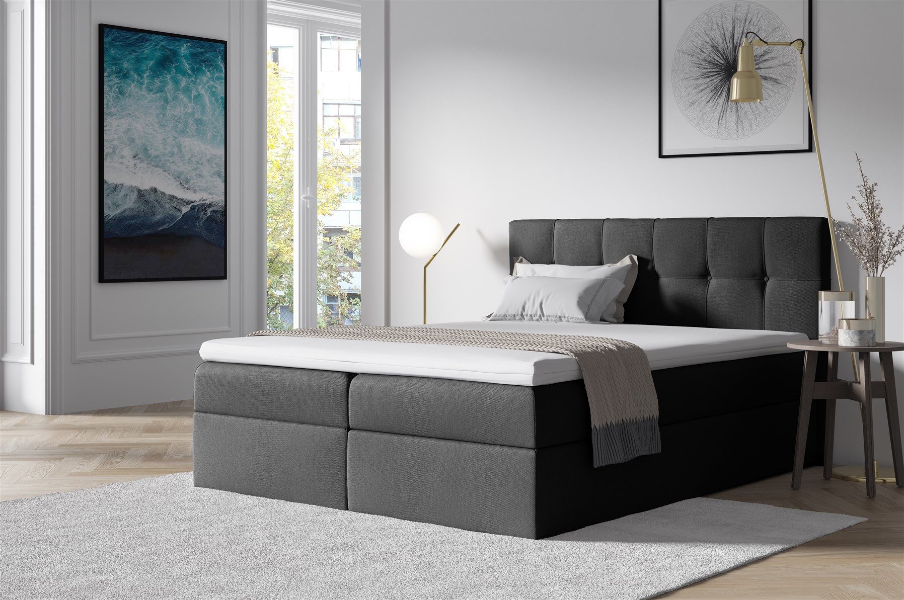 Fun Möbel Boxbett Schlafzimmerbett BURGOS in Stoff Soro (Gepolstertes Kopfteil, Inkl. Bettkasten), Inkl. Topper