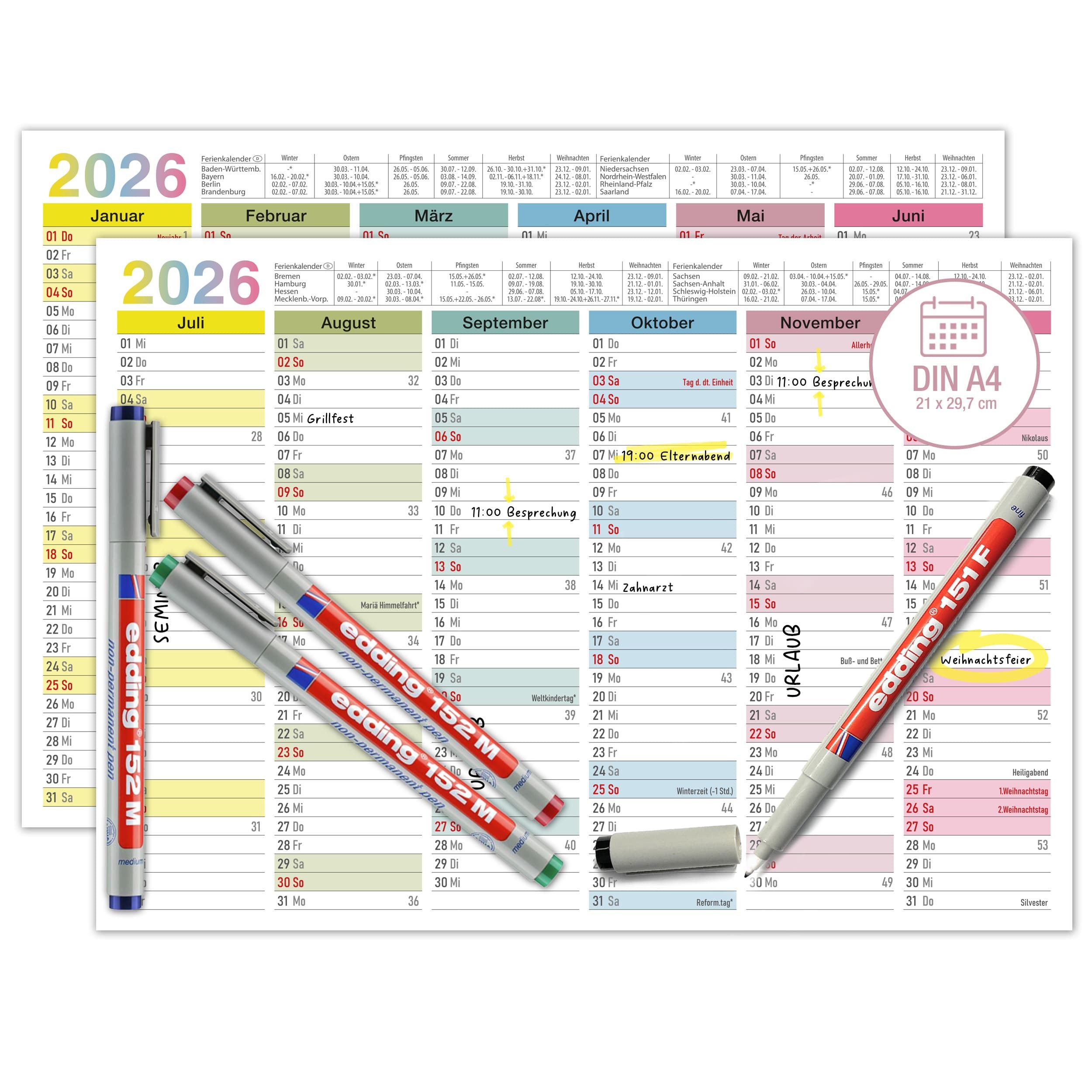 TOBJA Wandkalender Abwischbarer Wandkalender Bunt 2026 A4 - 4 Stifte, Tafelkalender inkl. 4x edding - Kalender A4 abwischbar