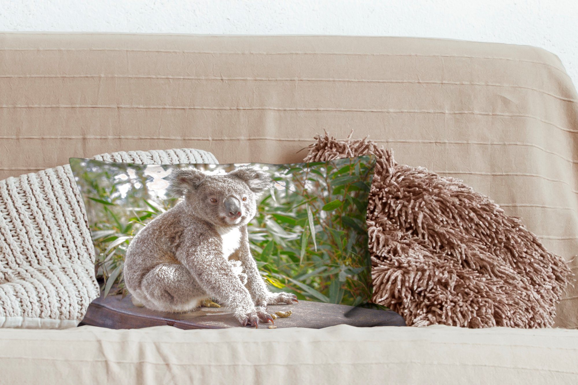 MuchoWow Dekokissen Jungen Mädchen, - Füllung, - - Dekokissen Wohzimmer - Koala mit Pflanzen Zierkissen, Dekoration, Kinder Schlafzimmer Holz 