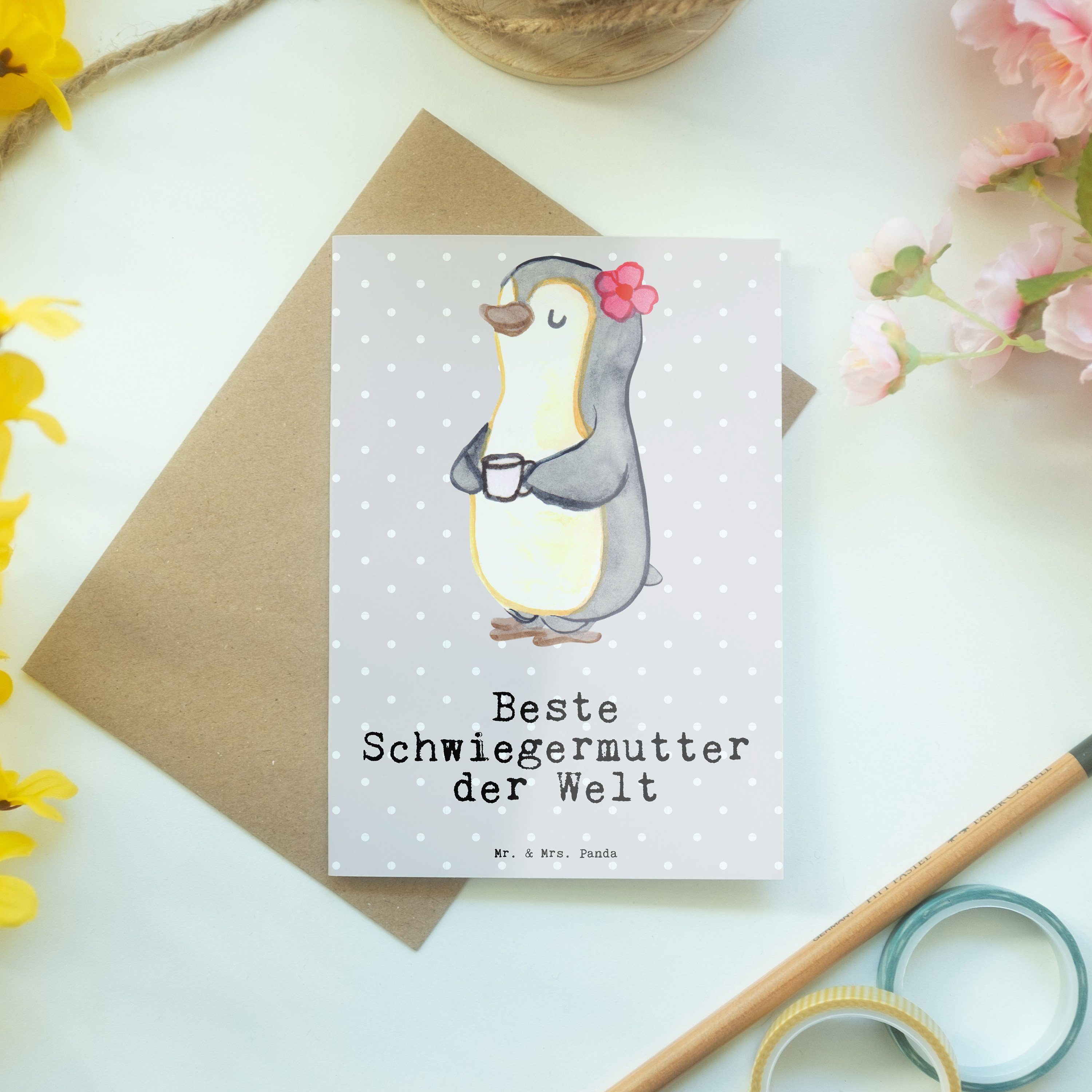 Beste Geschenk, Mrs. Panda Pastell der & Grußkarte Mr. Pinguin Schwiegermutter - Grau - Kla Welt