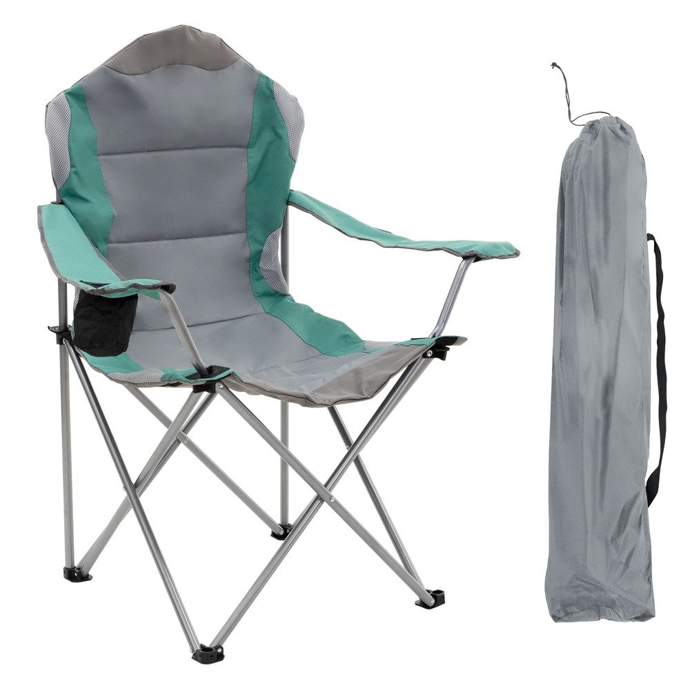 ECD Germany Campingstuhl Gartenstuhl faltbar mit Getränkehalter & Tragetasche bis 110kg, Klappstuhl Türkis-Grau Angelstuhl mit Hochlehner Gepolstert tragbar