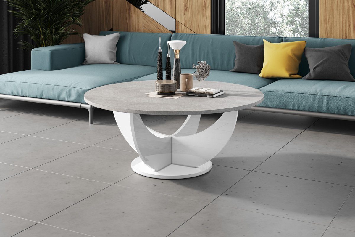 designimpex Couchtisch Design HRC-111 Hochglanz Wohnzimmertisch Rund Tisch ?100 cm x 40 cm Beton / Weiß Hochglanz