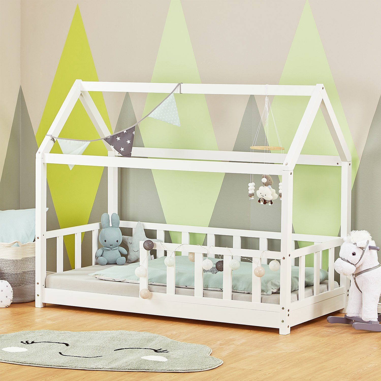 Kinderbett 80x160 cm Hausbett Bodenbett Holzbett Weiß Kleinkind Rausfallschutz