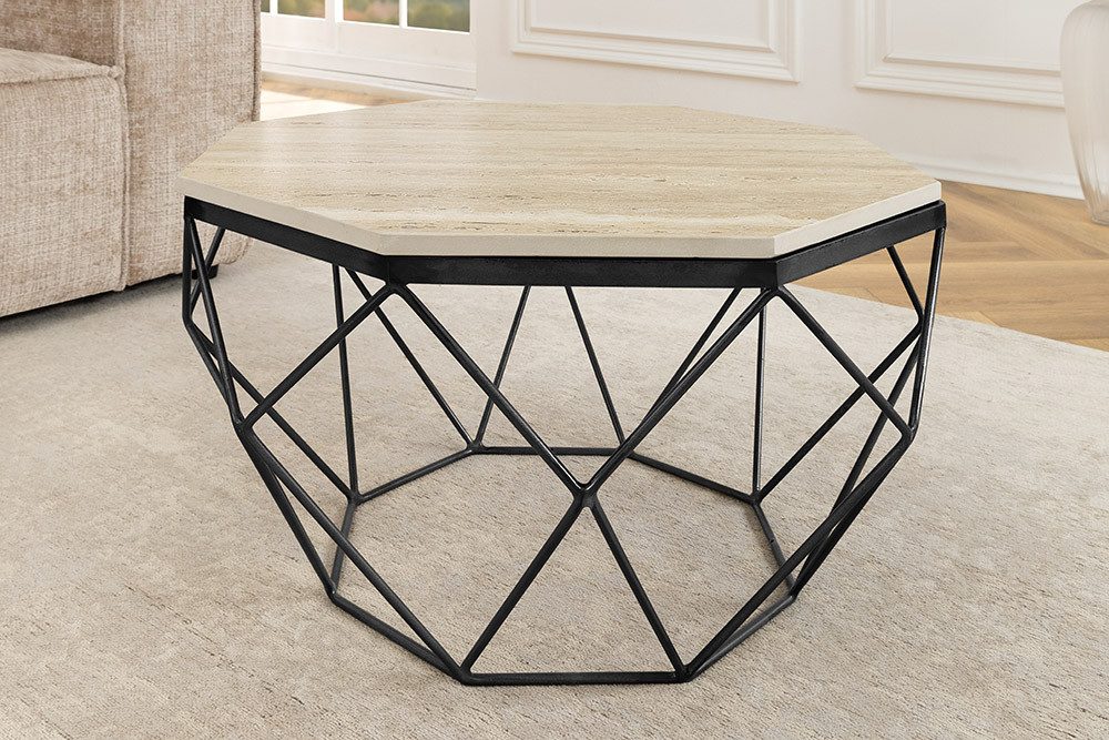 riess-ambiente Couchtisch DIAMOND 70cm beige / schwarz · Wohnzimmertisch aus Naturstein & Metall (Einzelartikel, 1-St), Travertin · handmade · Eisen · Boho · achteckig