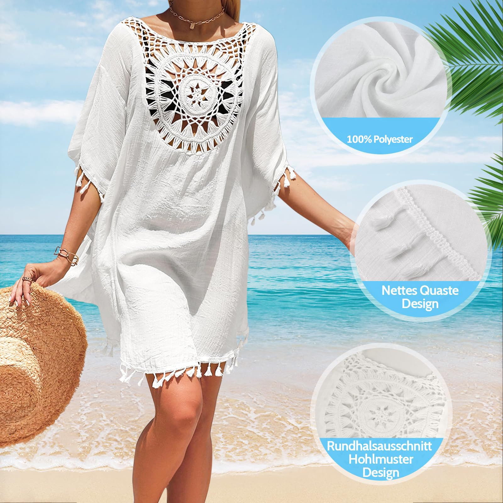 MOPUEA Strandkleid Damen-Badeanzug Strand-Badeanzug Bikini-Vertuschung Urlaubs-Outfits (1-tlg) Luftige Strandtunika mit Häkelspitze und Fransen – Einheitsgröße