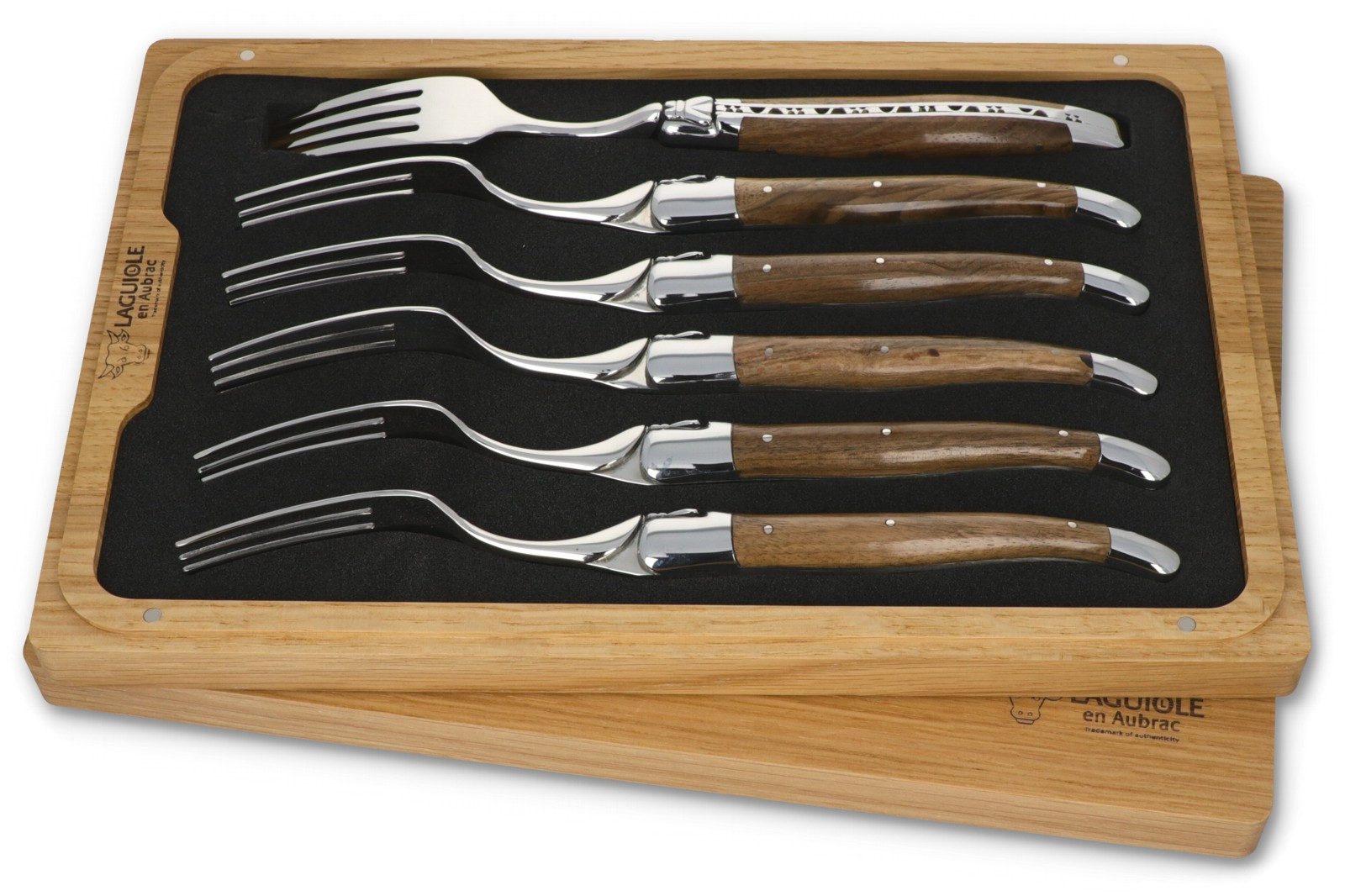 Laguiole en Aubrac Steakbesteck 62F99NOIH BRI, 6 Gabeln - Griff Nussbaum - Backen und Gabelteil Stahl glänzend