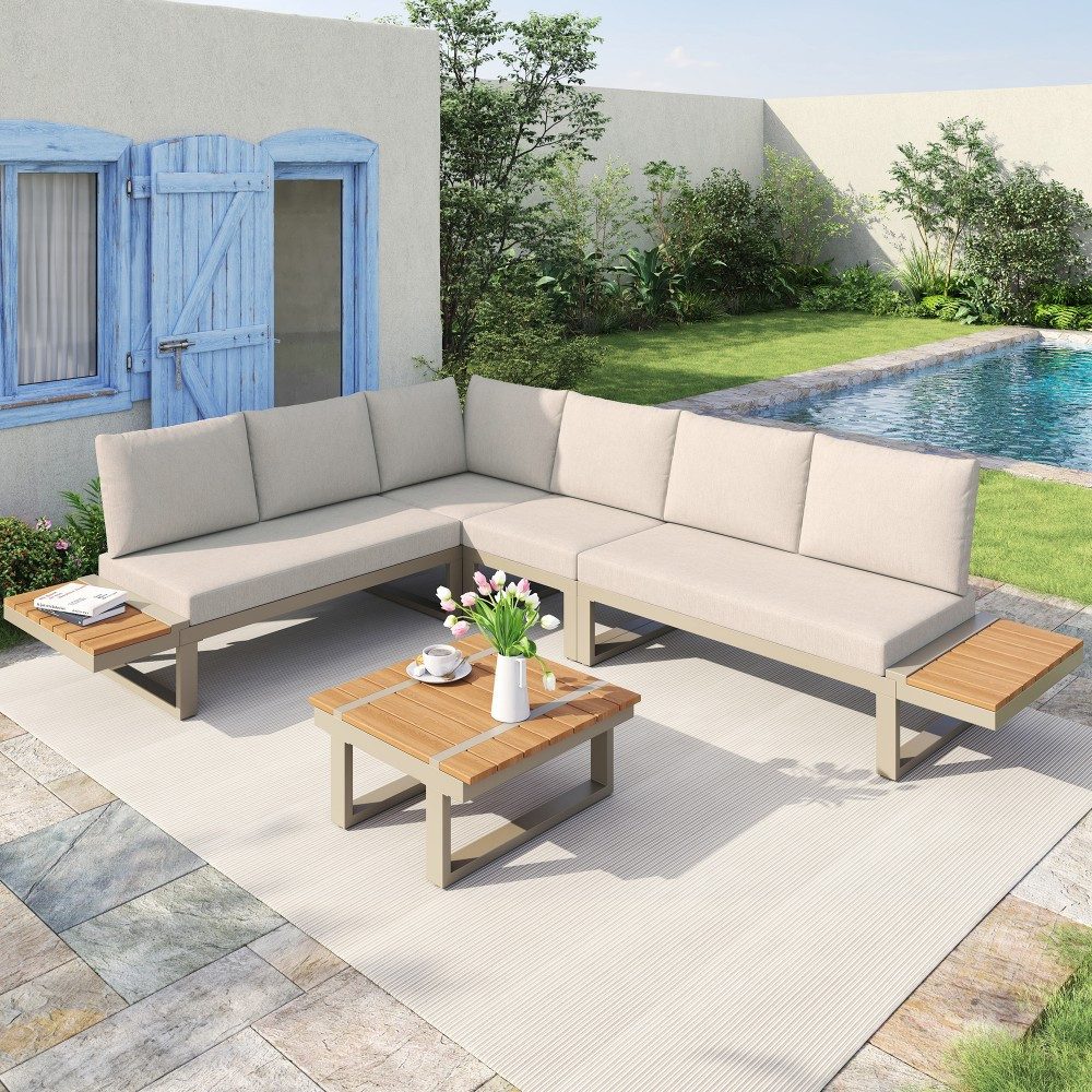 Ulife Gartenlounge-Set Ecklounge verwandelbar in 2 Relaxbetten mit Ablagen & Tisch, Beige