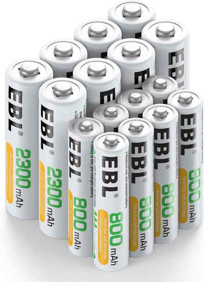 EBL AA+AAA Akku Set - 16 Stück, Ni-MH wiederaufladbare Batterien Akku (1,2 V, 16 St)