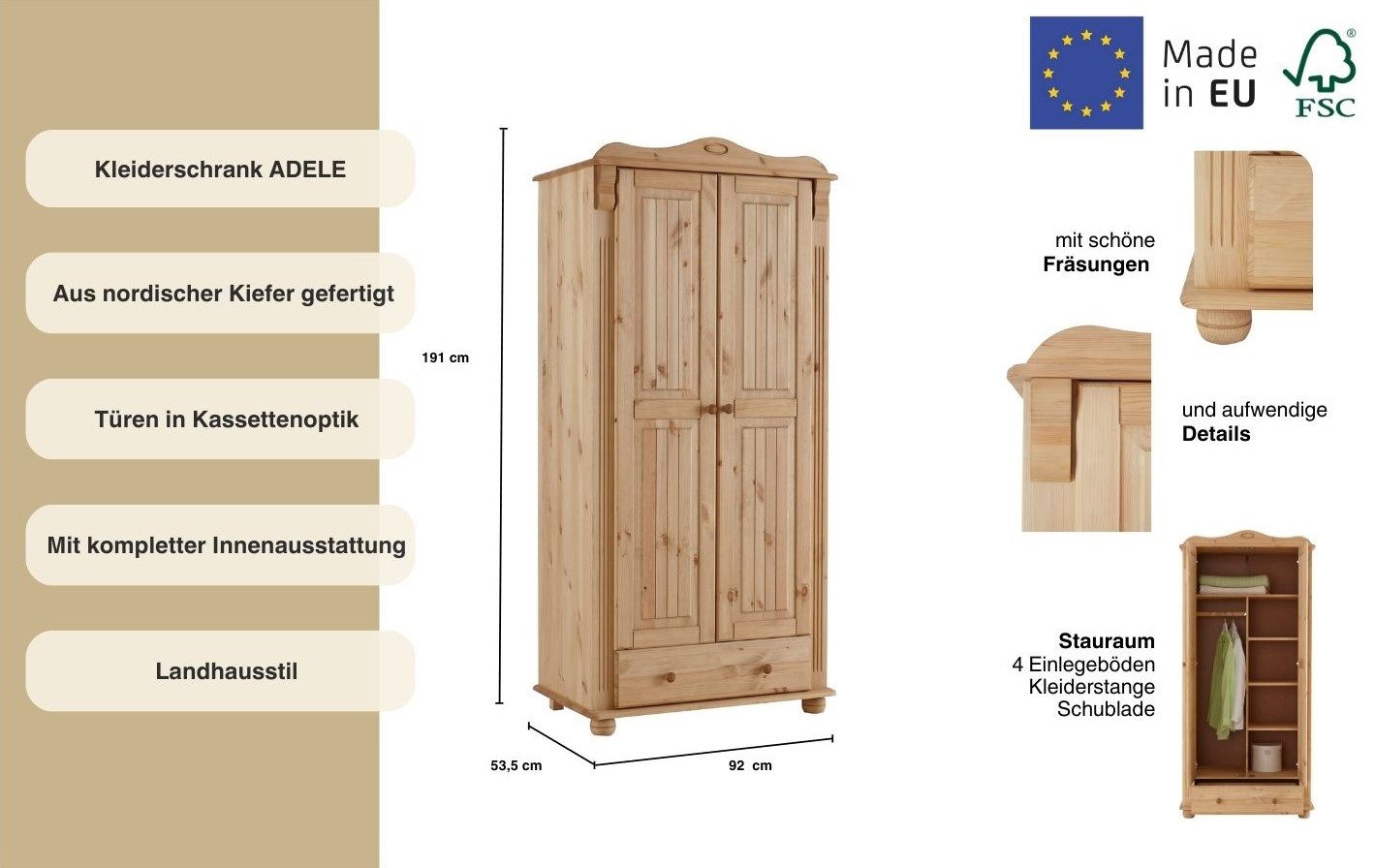 OTTO home Kleiderschrank Adele (Breite x Höhe x Tiefe ca: 92 cm x 191 cm x 53,5 cm) aus massiver Kiefer, Landhausstil