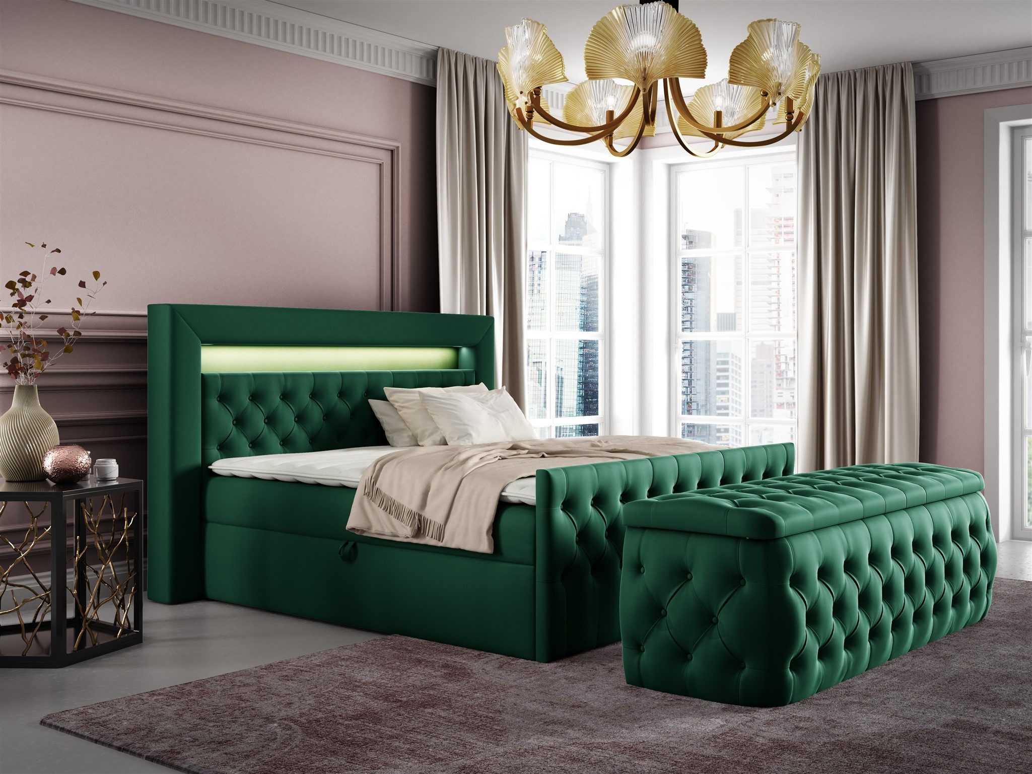 Fun Möbel Boxbett Schlafzimmerbett ERNESTO Nr.3 in Stoff Elisa Velvet (inkl. Topper, Auch mit Nachtkonsolen erhältlich), inkl. Polsterhocker, LED-Beleuchtung mit Fernbedienung