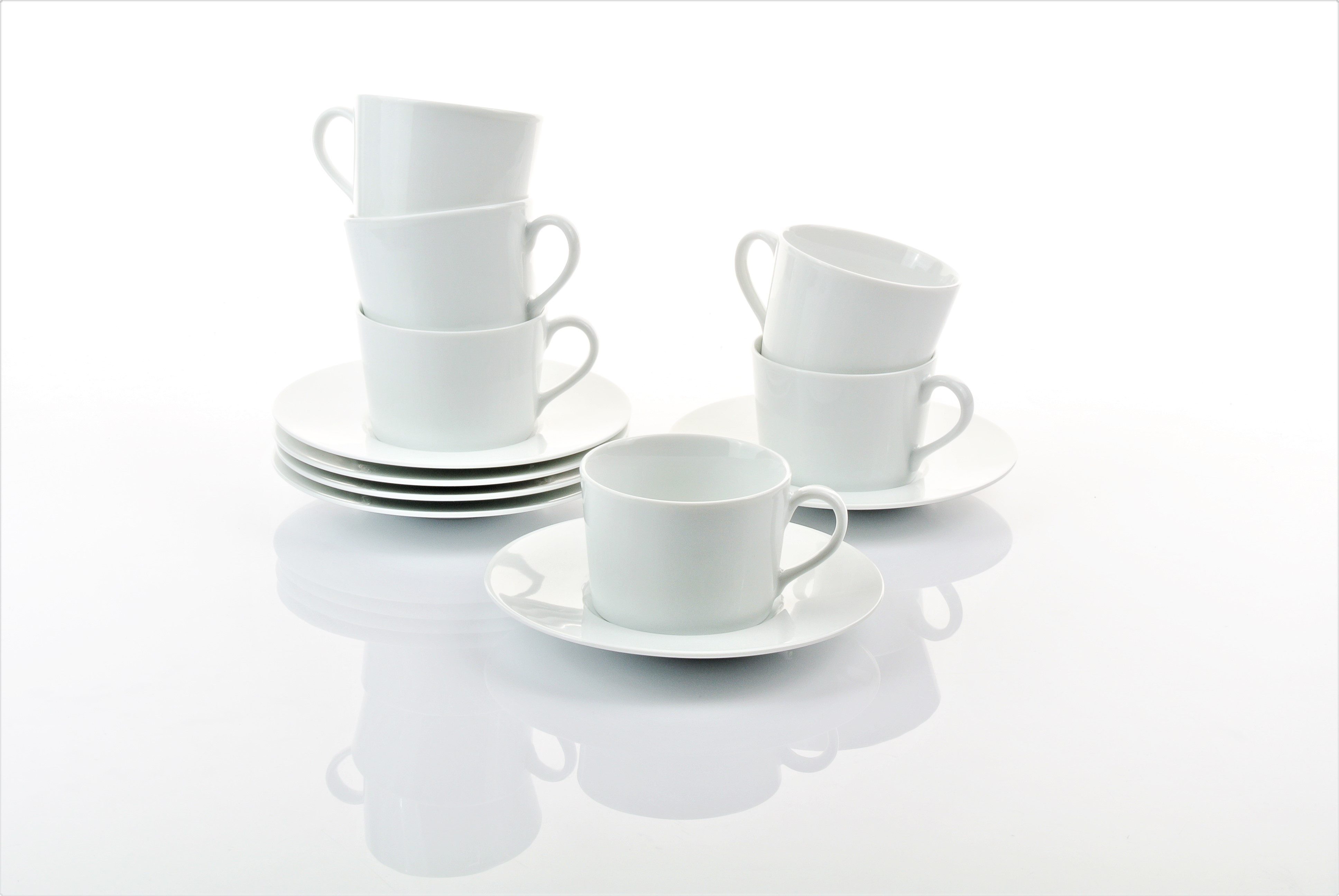 Retsch Arzberg Tasse Kaffeetasse HEIKE WEISS komplett mit Untertasse, Set 12tlg. Porzellan, Porzellan, Frühstückstassen für 6 Personen, klassisches Design in weiss