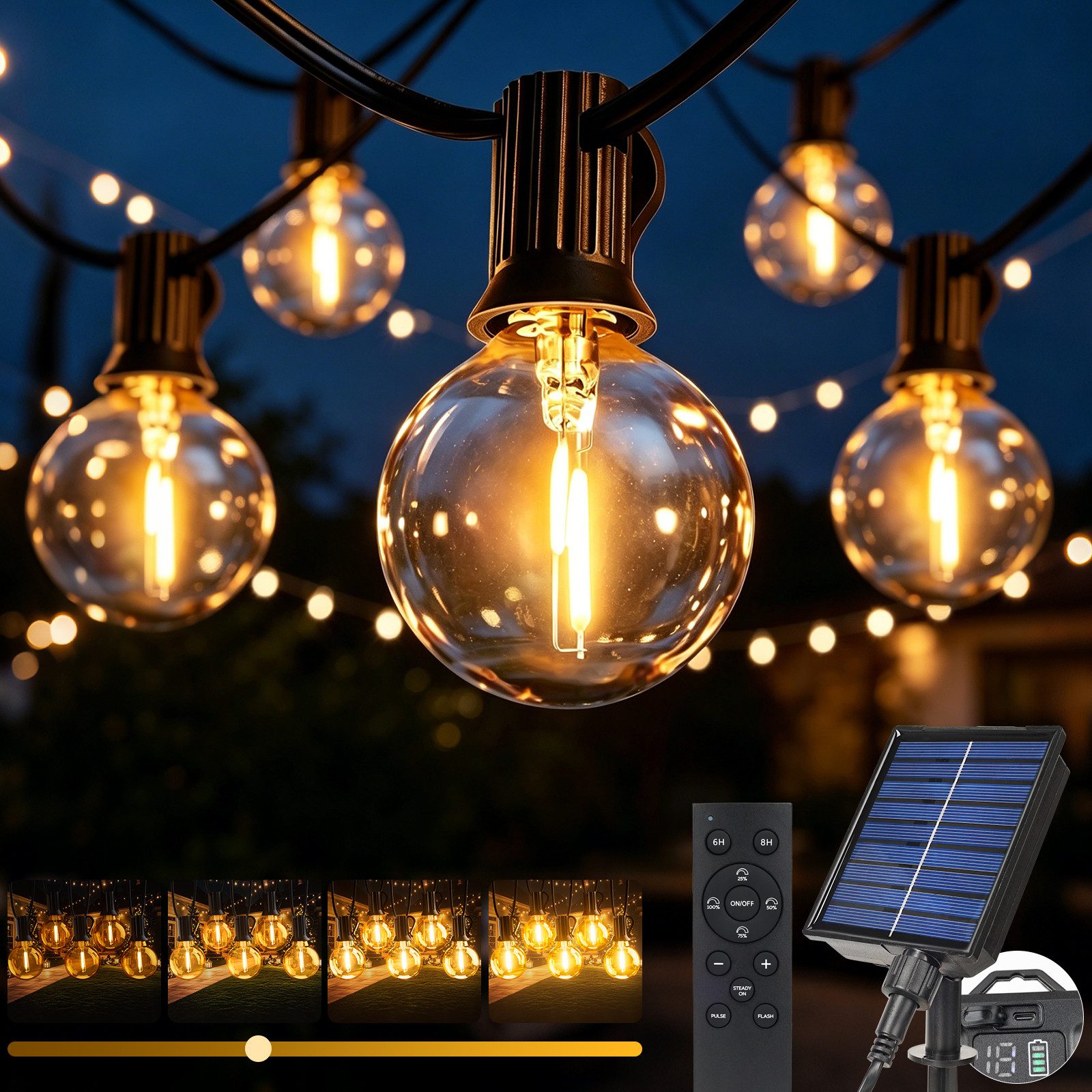 skelo LED Solarleuchte Solar Lichterkette Außen 15 m mit Fernbedienung, Dimmbar 3 Modi, 17+1, Memory-Funktion Timer(6H/8H), LED fest integriert, Warmweiß, LED Solarlichterkette für Garten, Balkon, Terrasse, Party